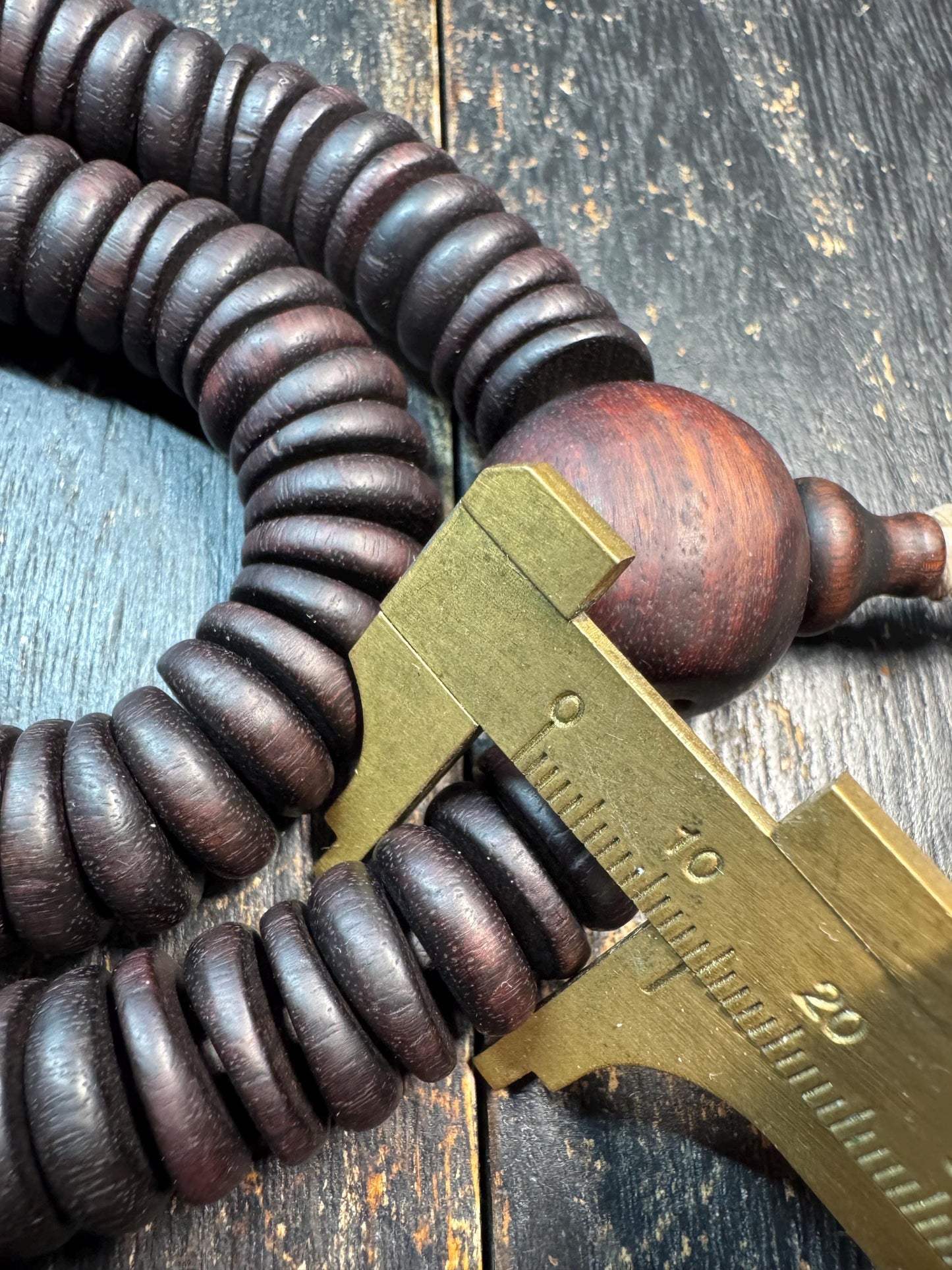 Vintage Large Bead Zitan Wood Mala Necklace – 108 Beads Buddhist Prayer Mala – Dark Patina Disc Beads Meditation Necklace – 18-19 Inches