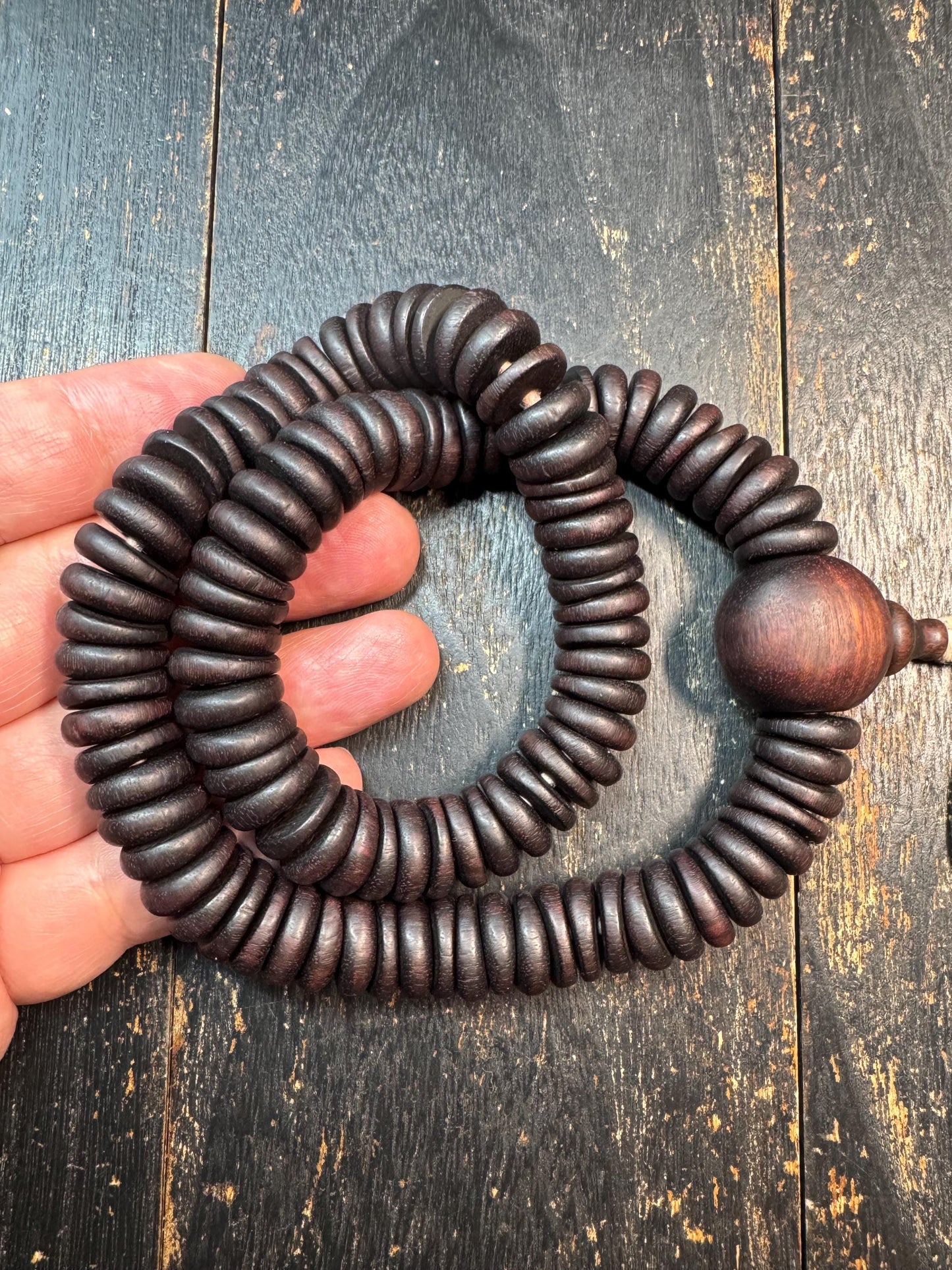 Vintage Large Bead Zitan Wood Mala Necklace – 108 Beads Buddhist Prayer Mala – Dark Patina Disc Beads Meditation Necklace – 18-19 Inches