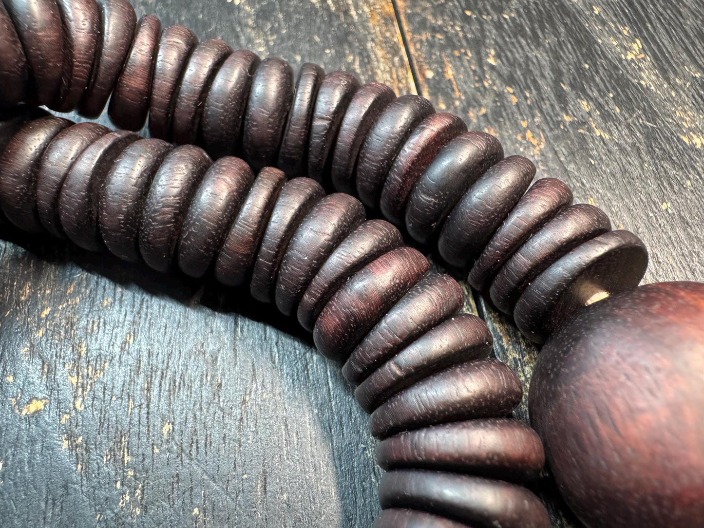 Vintage Large Bead Zitan Wood Mala Necklace – 108 Beads Buddhist Prayer Mala – Dark Patina Disc Beads Meditation Necklace – 18-19 Inches