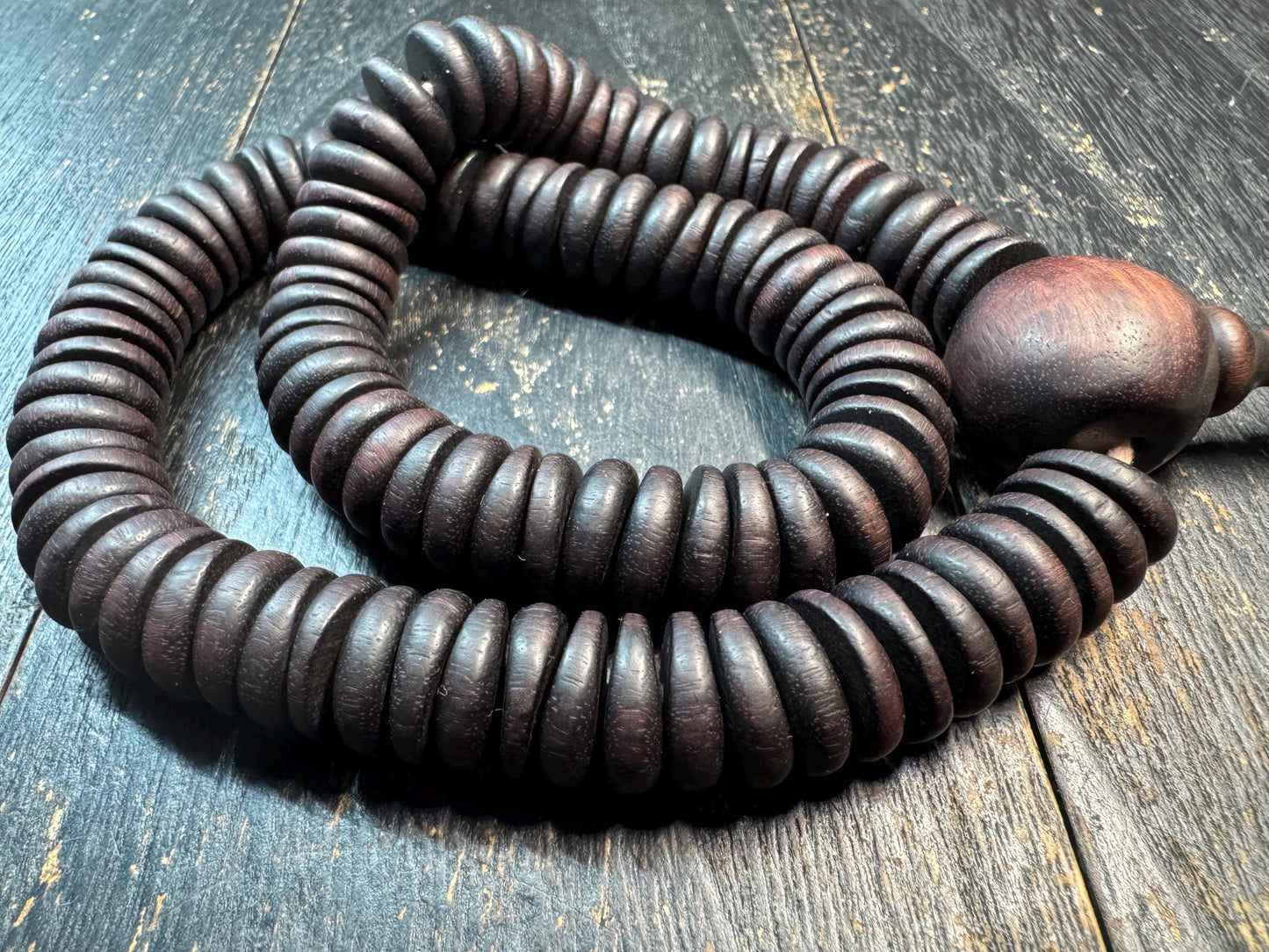 Vintage Large Bead Zitan Wood Mala Necklace – 108 Beads Buddhist Prayer Mala – Dark Patina Disc Beads Meditation Necklace – 18-19 Inches