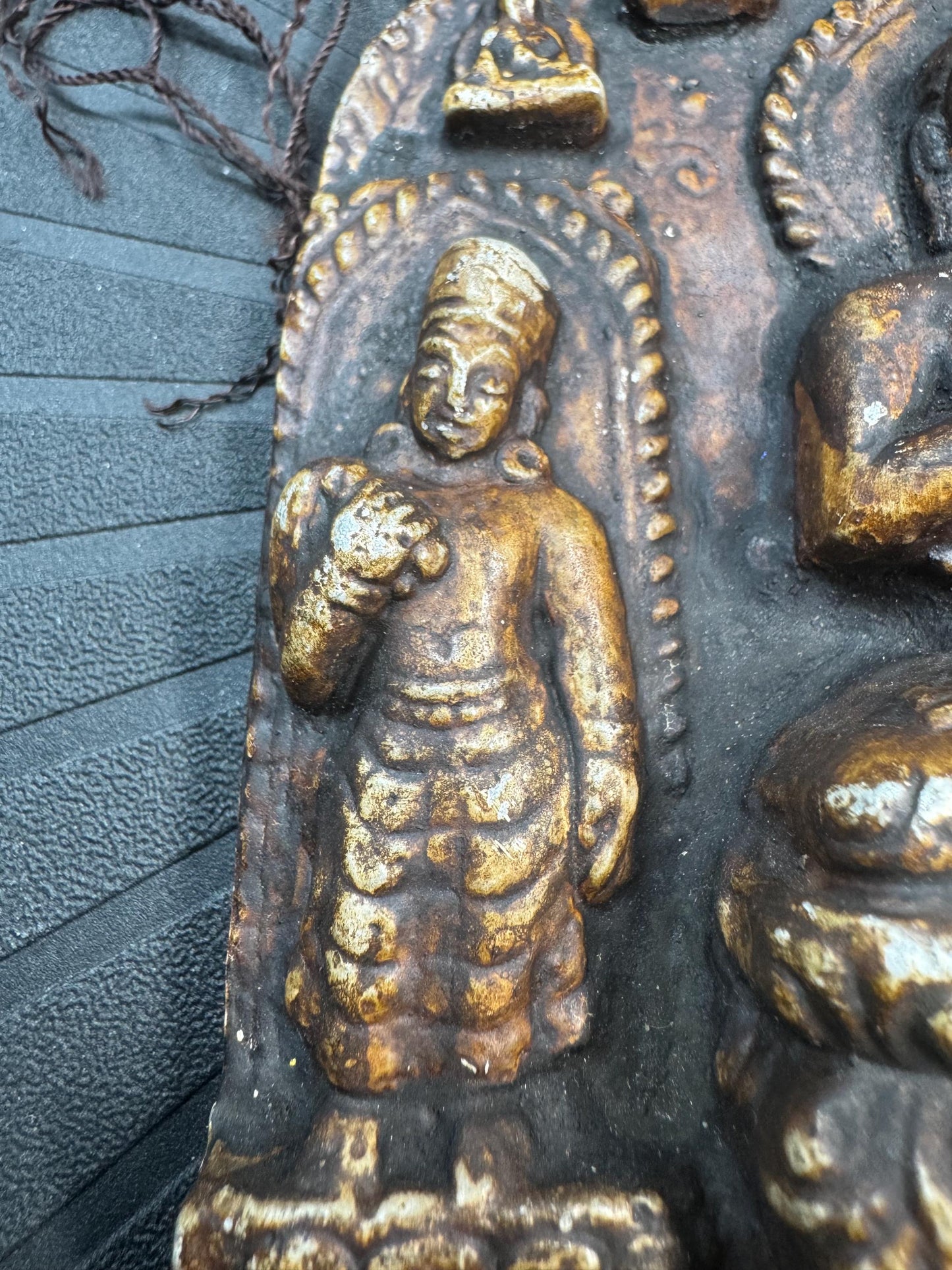 Vintage Himalayan Buddhist Brass Hanging Buddha Relief Altar Plaque with Brocade Back