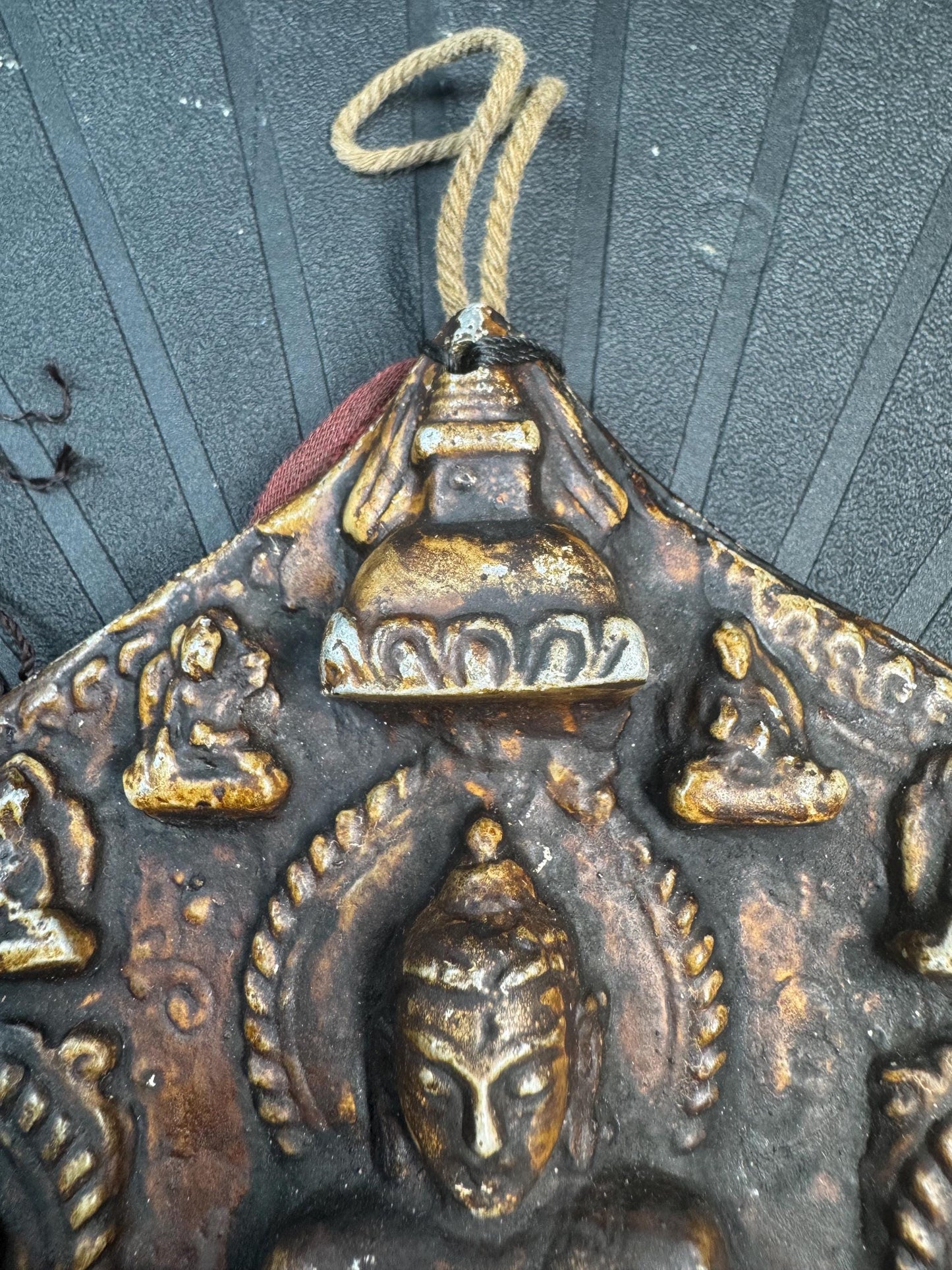 Vintage Himalayan Buddhist Brass Hanging Buddha Relief Altar Plaque with Brocade Back