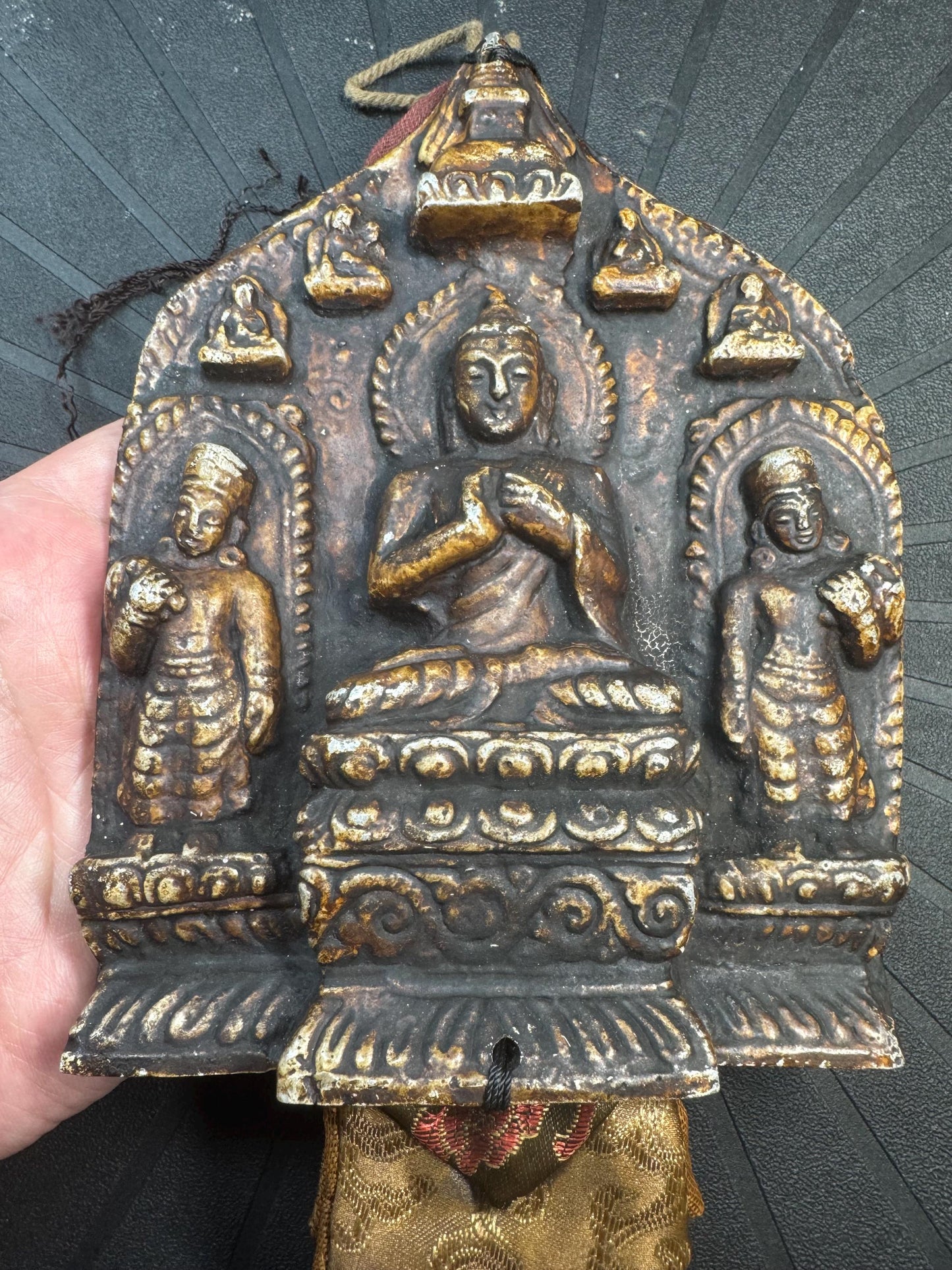 Vintage Himalayan Buddhist Brass Hanging Buddha Relief Altar Plaque with Brocade Back