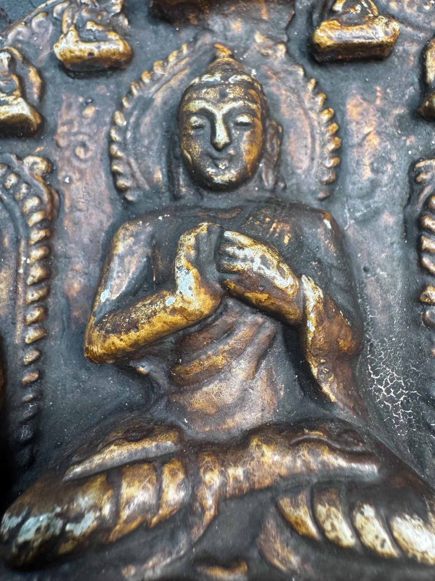 Vintage Himalayan Buddhist Brass Hanging Buddha Relief Altar Plaque with Brocade Back