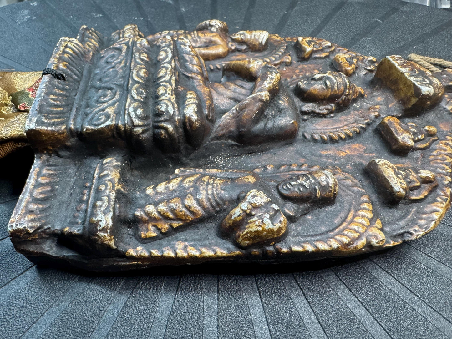 Vintage Himalayan Buddhist Brass Hanging Buddha Relief Altar Plaque with Brocade Back