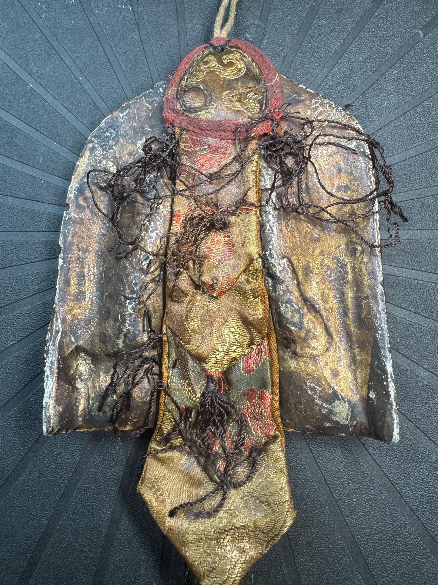 Vintage Himalayan Buddhist Brass Hanging Buddha Relief Altar Plaque with Brocade Back