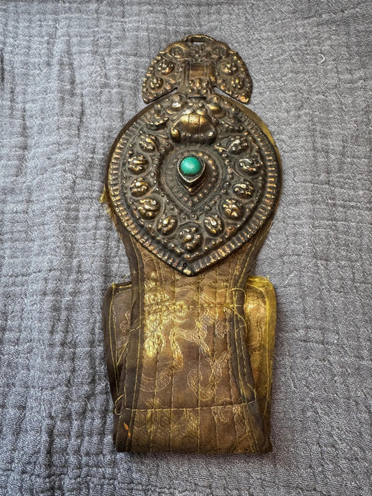 Vintage Amdo Tibetan Belt Hanging Ornament, Himalayan Flint Pouch Adornment with Turquoise Color Stone, Brocade Tribal Decor
