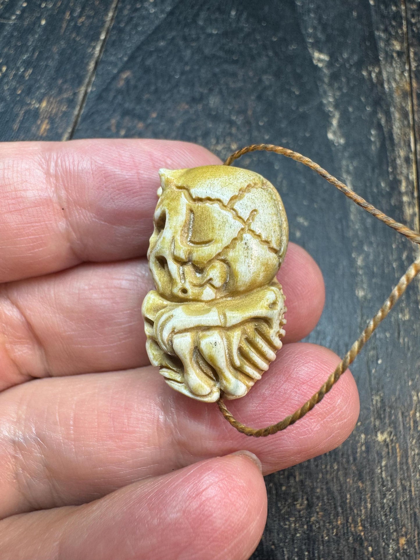 Vintage Deer Antler Citipati Skull Bead Pendant, Hand Carved Tibetan Chitipati Skeleton Amulet, Gothic Mala Guru Bead, Himalayan Bone Style