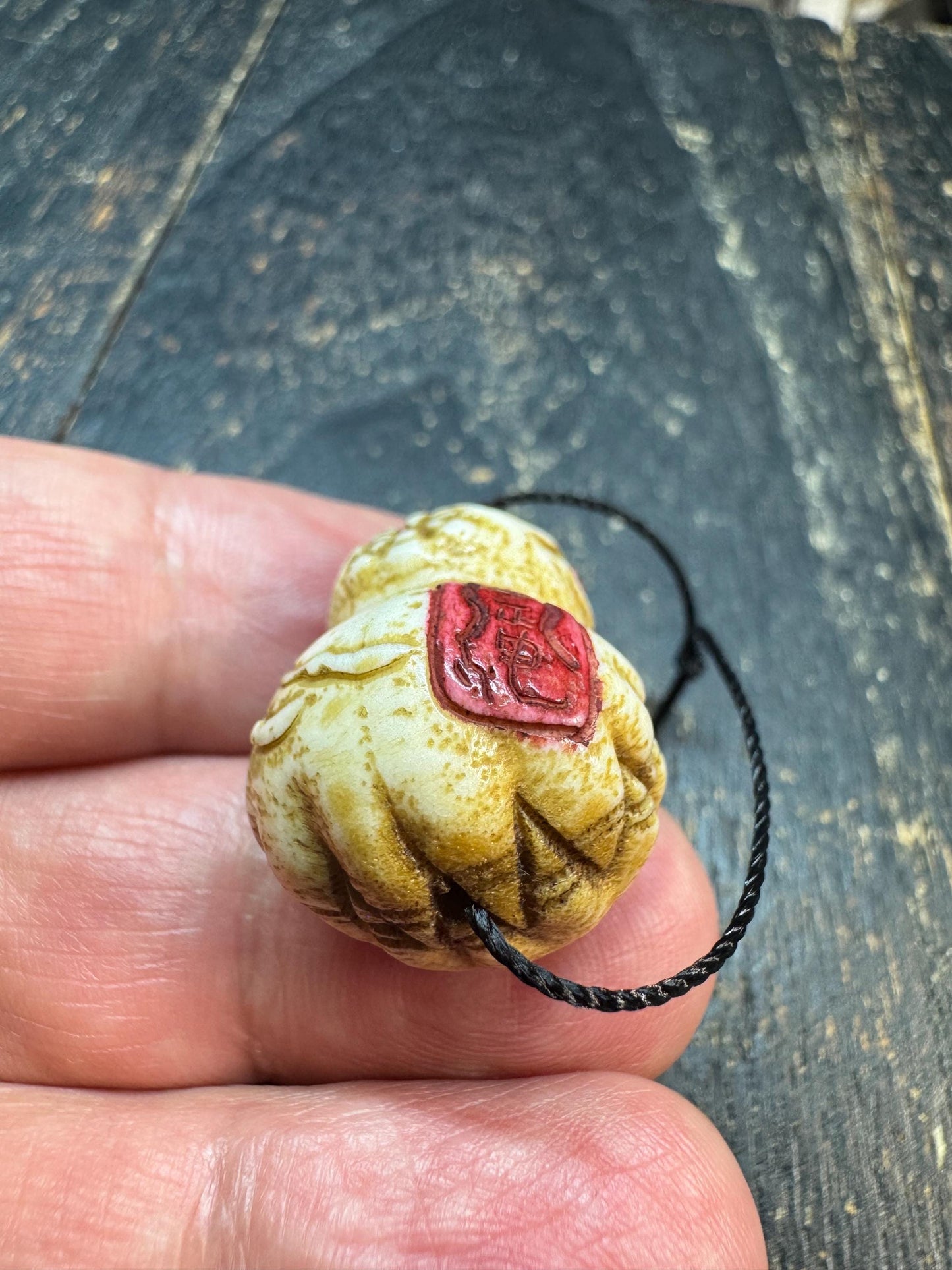 Hand Carved Deer Antler Wealth Gourd Pendant, Tibetan Buddhist Treasure Vase Amulet, One Eye Talisman Bead, Himalayan Style Charm