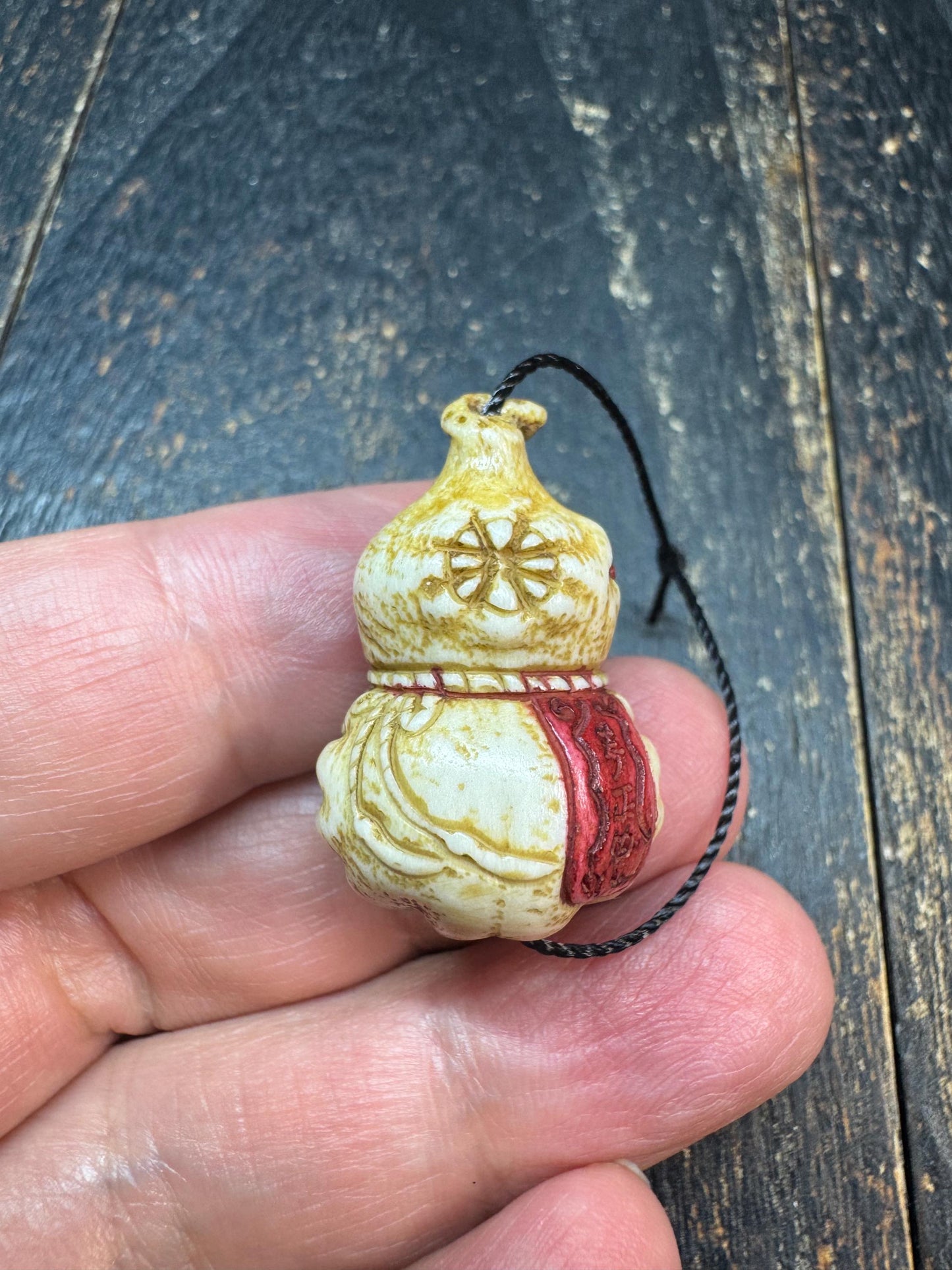 Hand Carved Deer Antler Wealth Gourd Pendant, Tibetan Buddhist Treasure Vase Amulet, One Eye Talisman Bead, Himalayan Style Charm