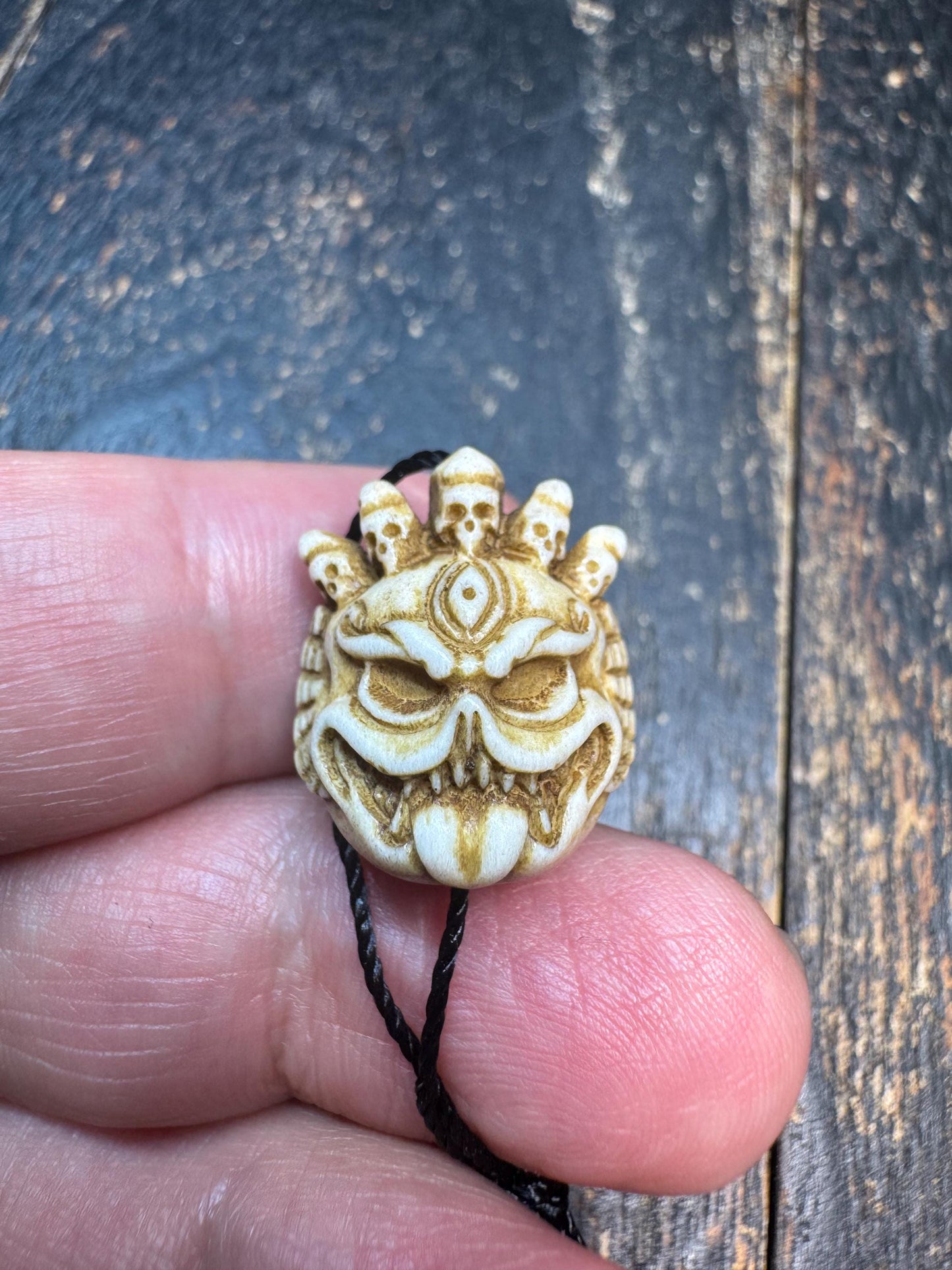 Hand Carved Deer Antler Wrathful Mask Bead, Tibetan Mahakala Style Pendant, Skull Crown Guardian Amulet, Himalayan Mala Guru Bead