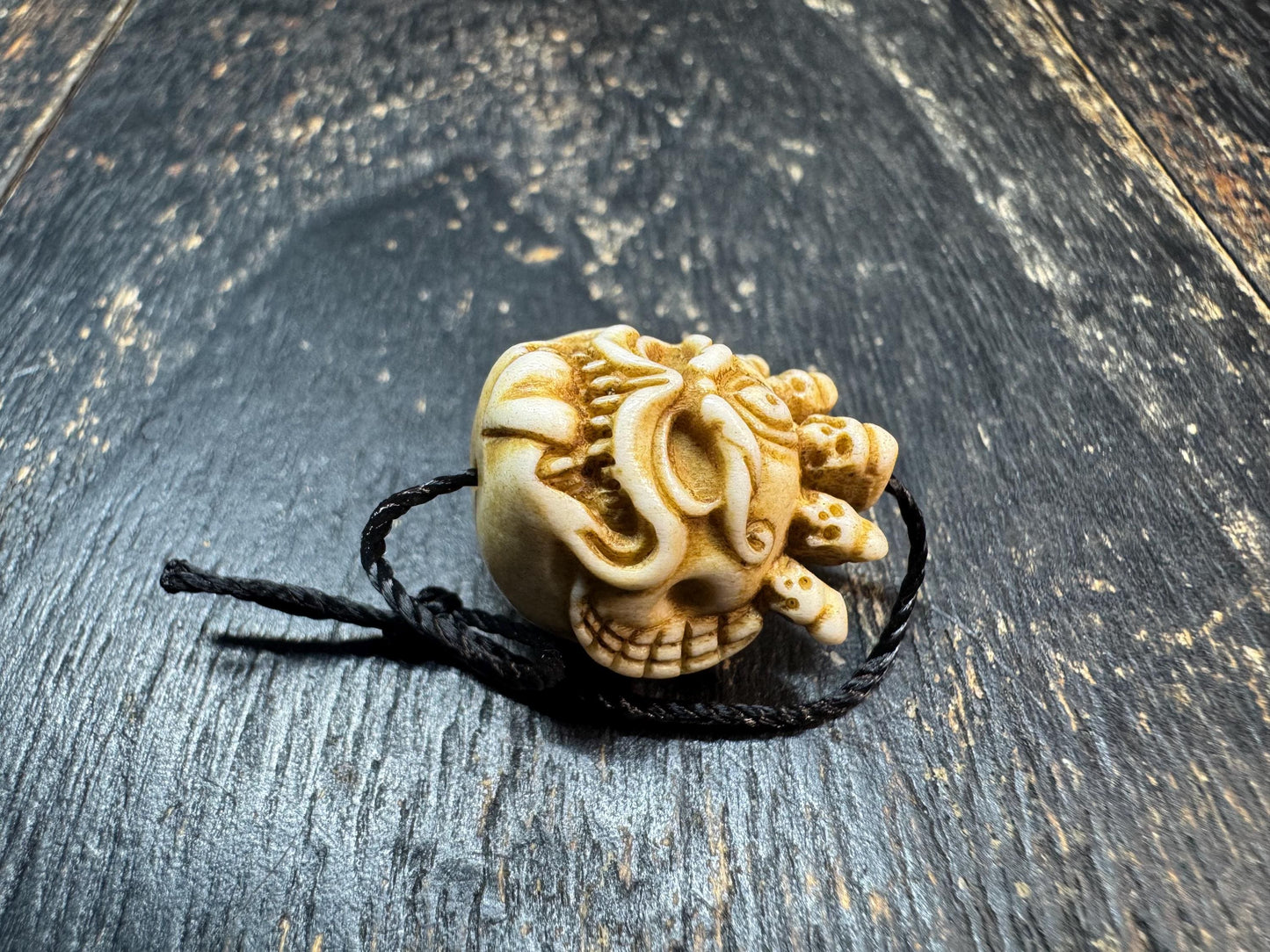 Hand Carved Deer Antler Wrathful Mask Bead, Tibetan Mahakala Style Pendant, Skull Crown Guardian Amulet, Himalayan Mala Guru Bead