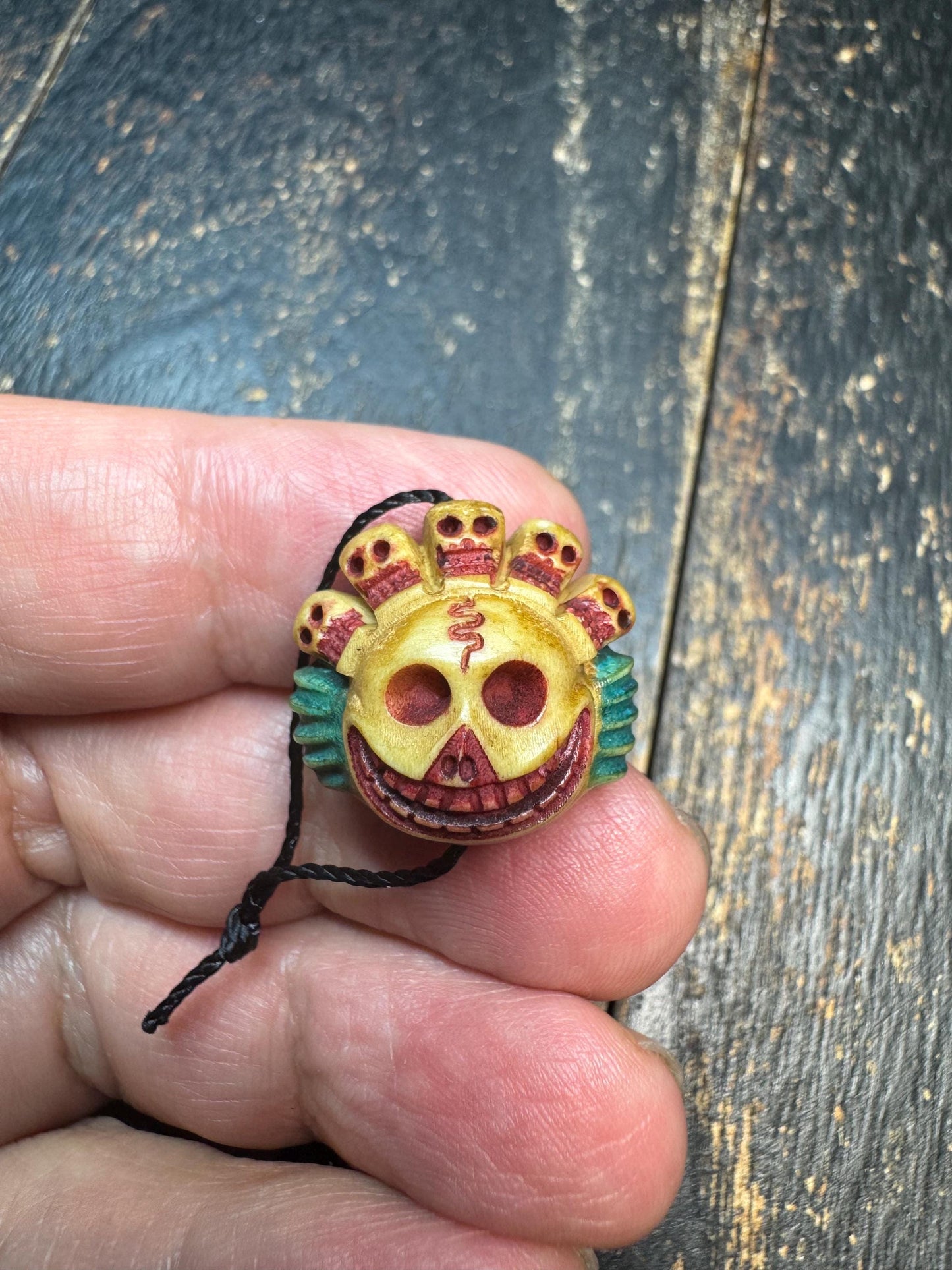 Hand Carved Skull Crown Face Bead Pendant, Deer Antler Tibetan Style Mask Charm, Color Accented Mala Guru Bead, Himalayan Gothic Amulet