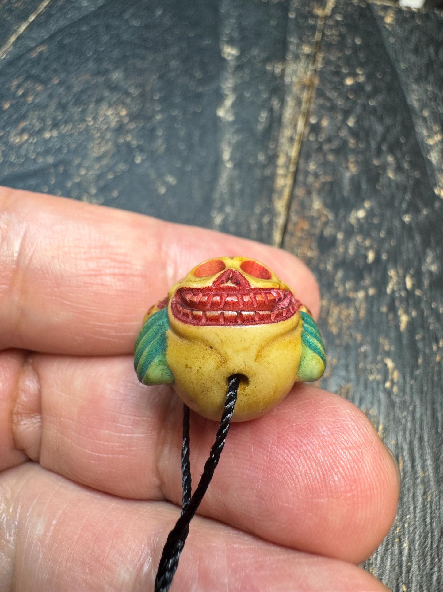 Hand Carved Skull Crown Face Bead Pendant, Deer Antler Tibetan Style Mask Charm, Color Accented Mala Guru Bead, Himalayan Gothic Amulet