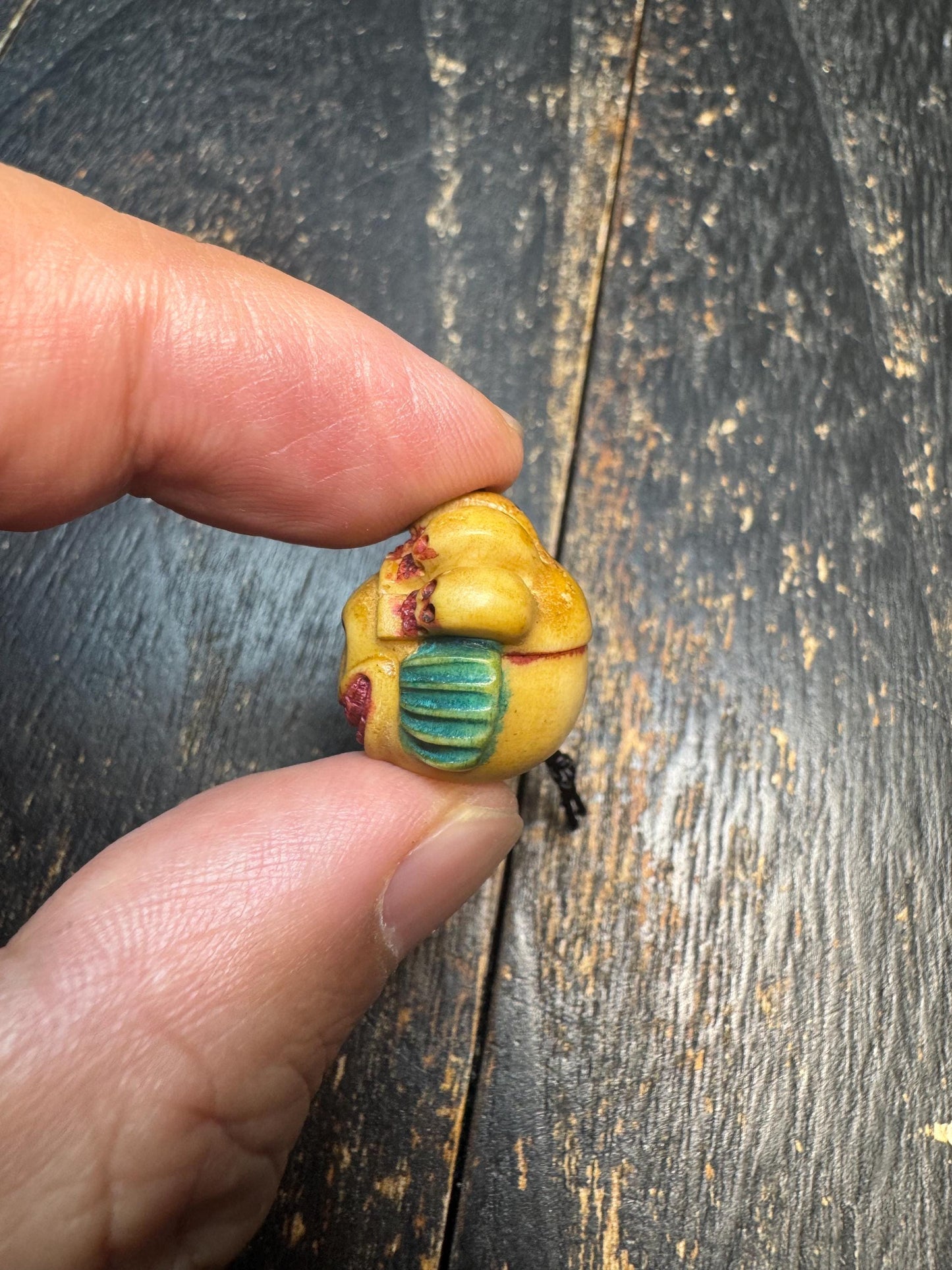Hand Carved Skull Crown Face Bead Pendant, Deer Antler Tibetan Style Mask Charm, Color Accented Mala Guru Bead, Himalayan Gothic Amulet