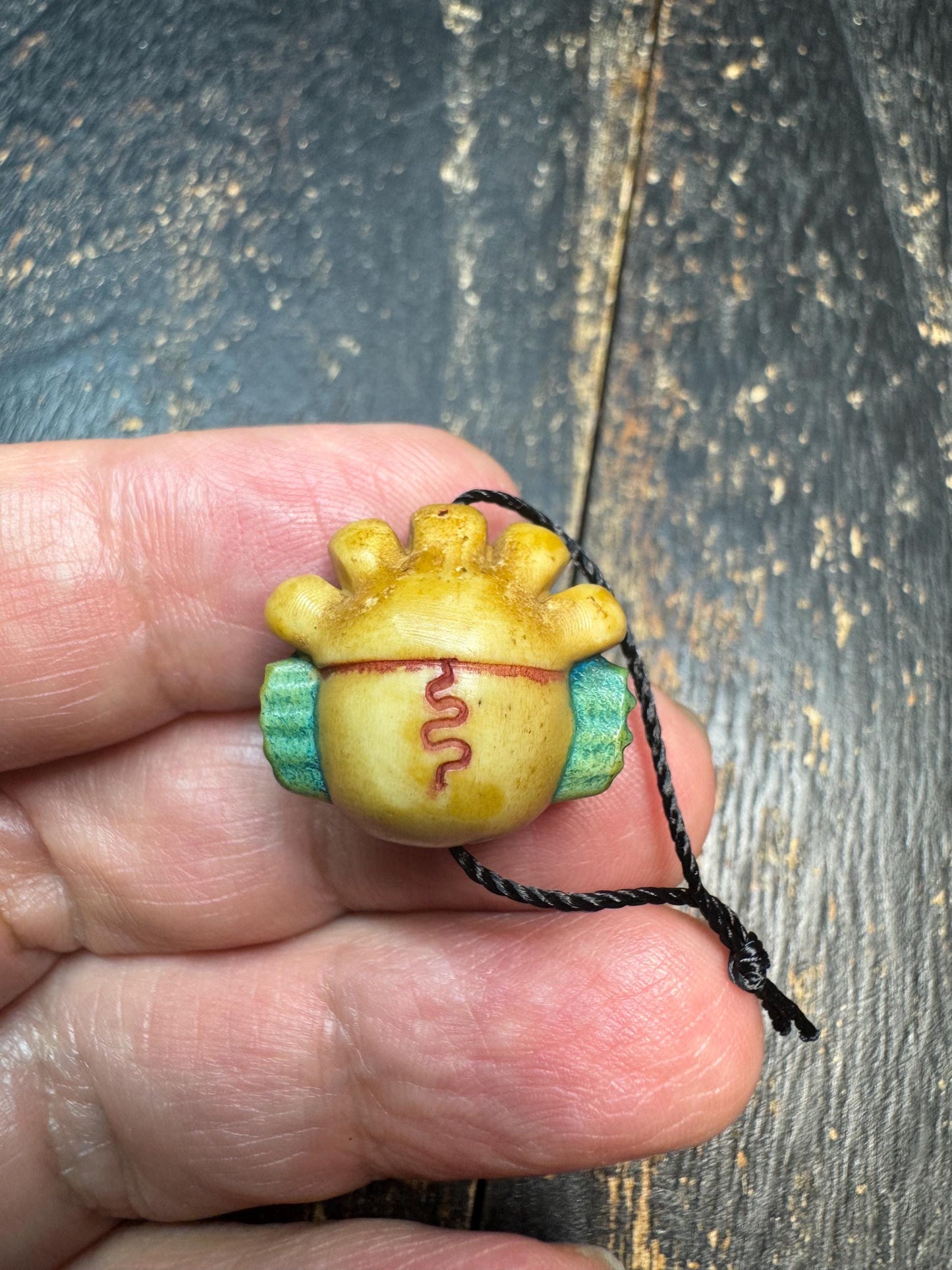 Hand Carved Skull Crown Face Bead Pendant, Deer Antler Tibetan Style Mask Charm, Color Accented Mala Guru Bead, Himalayan Gothic Amulet