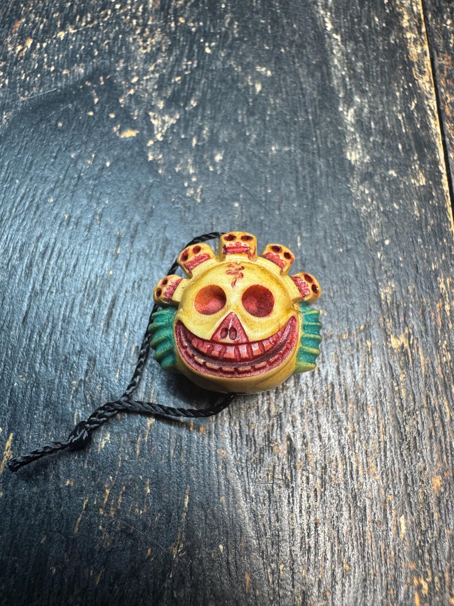 Hand Carved Skull Crown Face Bead Pendant, Deer Antler Tibetan Style Mask Charm, Color Accented Mala Guru Bead, Himalayan Gothic Amulet