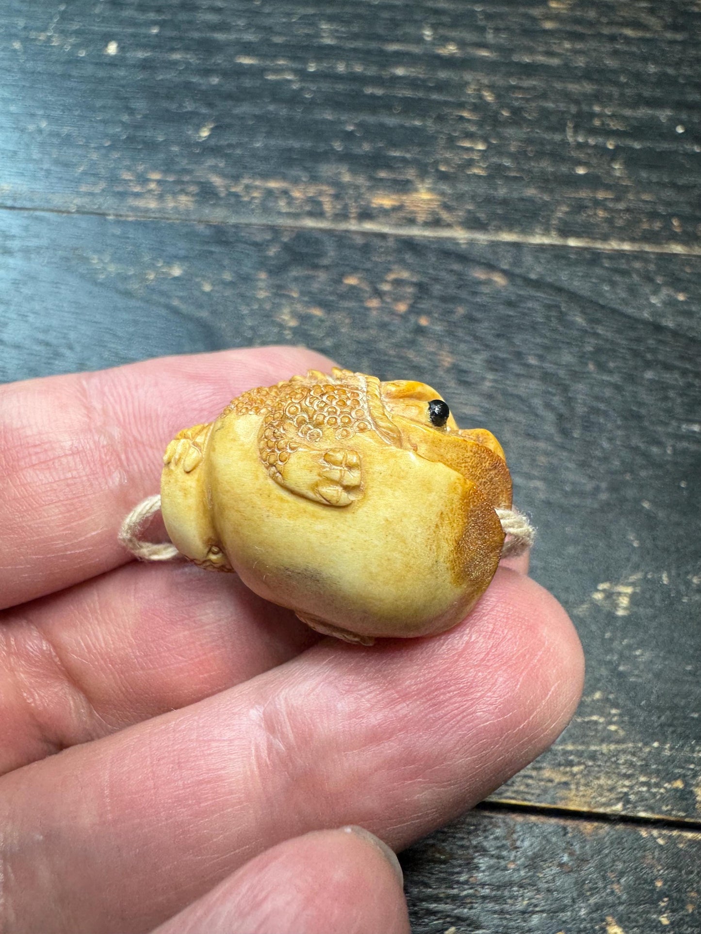 Hand Carved Deer Antler Toad Pendant, Himalayan Frog Amulet Charm, Vintage Style Antler Netsuke Necklace Pendant