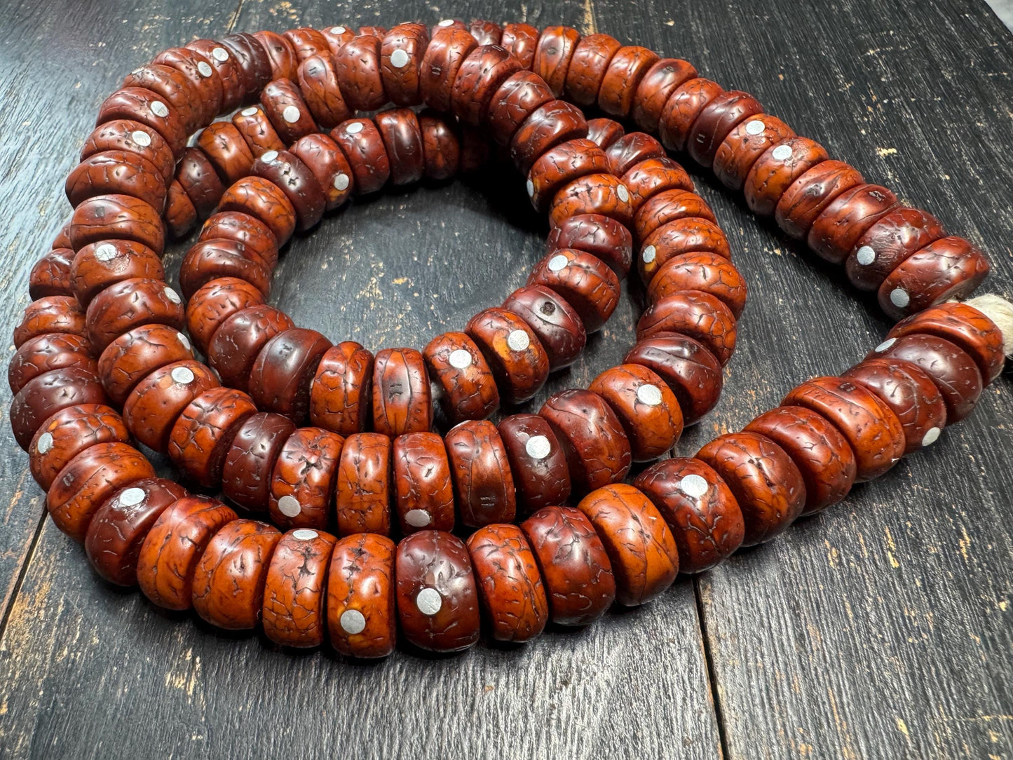 108 Phoenix Eye Bodhi Seed Mala with Metal Inlay, Vintage Style Tibetan Prayer Beads Necklace, 36 Inch Buddhist Mala