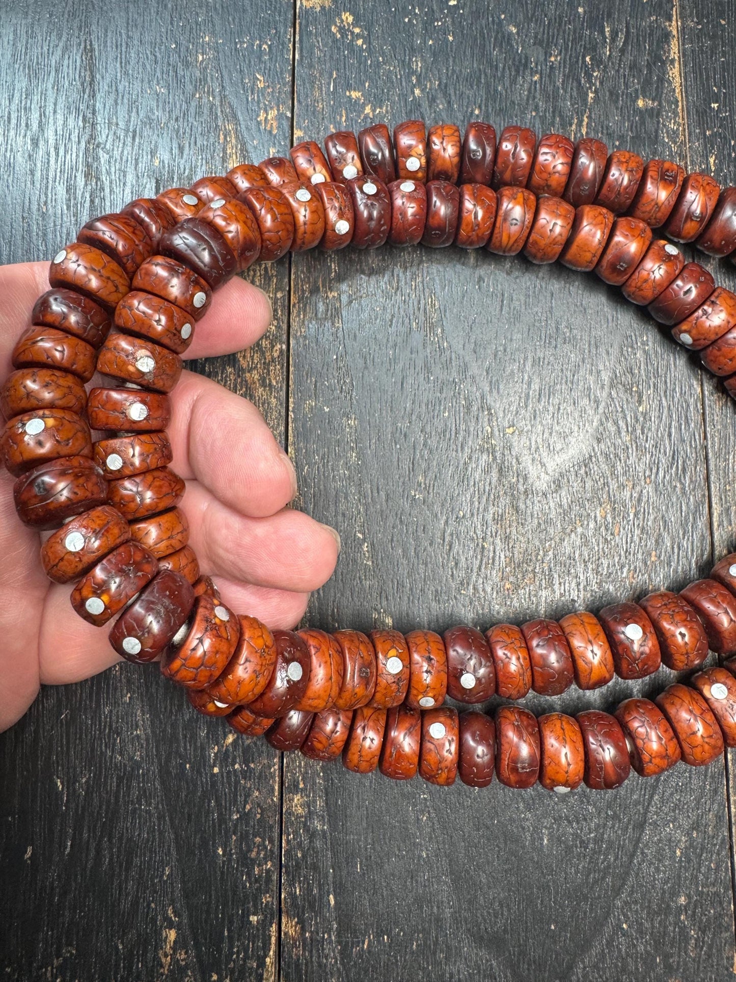 108 Phoenix Eye Bodhi Seed Mala with Metal Inlay, Vintage Style Tibetan Prayer Beads Necklace, 36 Inch Buddhist Mala