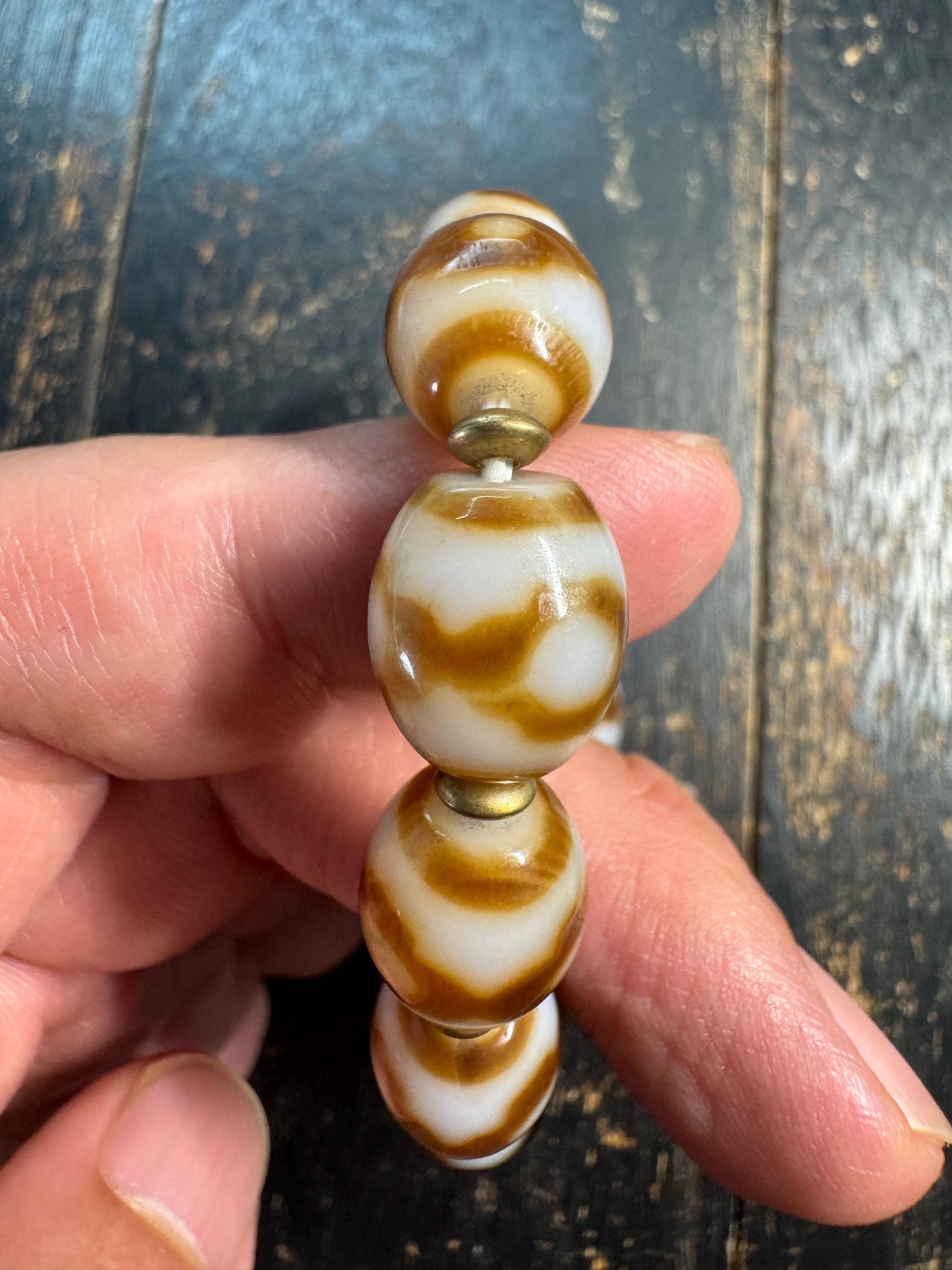 Vintage Three Eye Dzi Bead Bracelet, Tibetan Agate Bracelet, Brown White Barrel Beads, Himalayan Stretch Bracelet, Protection Jewelry