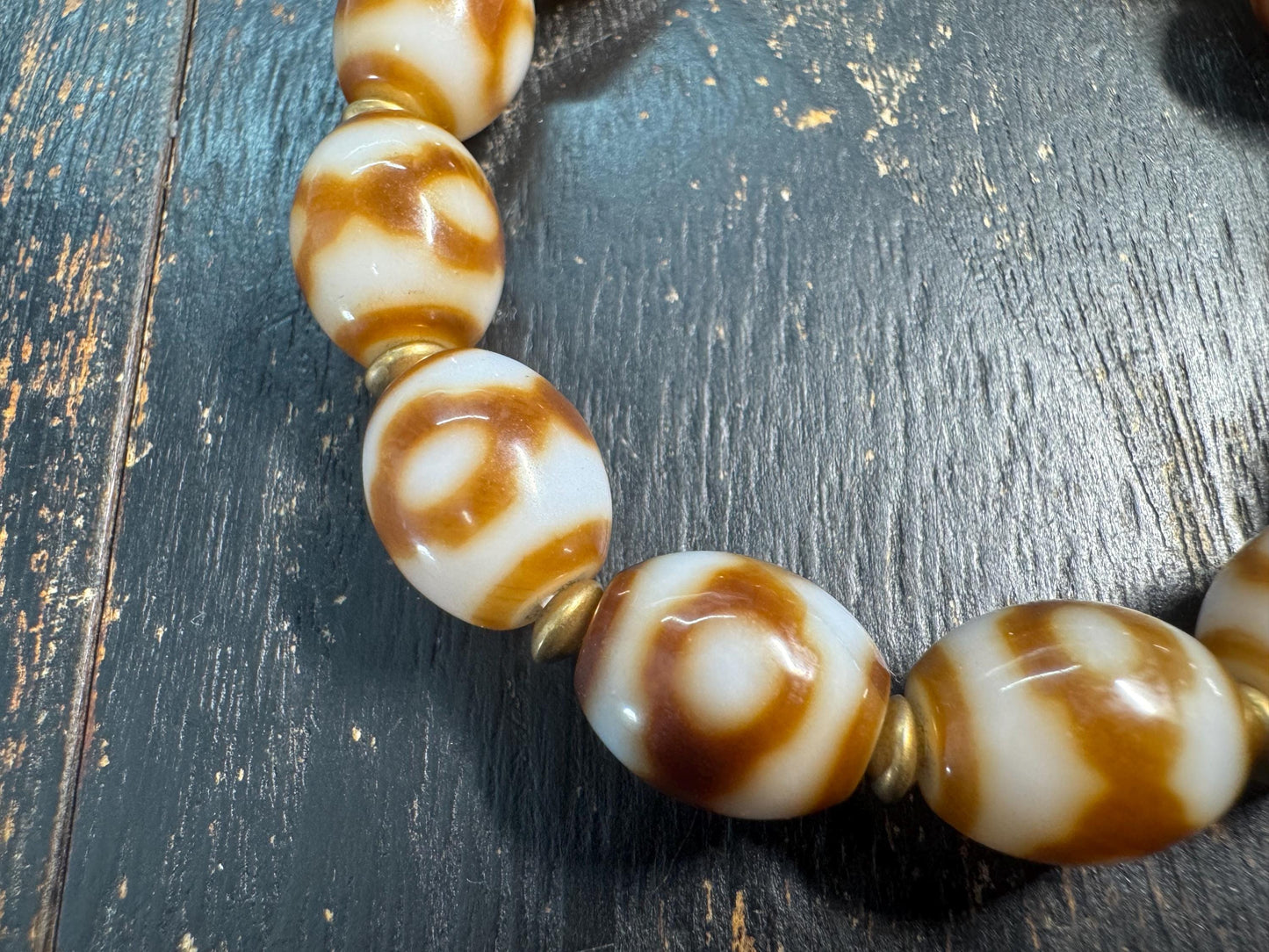 Vintage Three Eye Dzi Bead Bracelet, Tibetan Agate Bracelet, Brown White Barrel Beads, Himalayan Stretch Bracelet, Protection Jewelry
