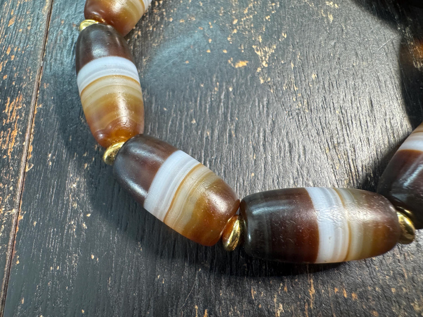 Vintage Tibetan Stripe Dzi Bead Bracelet, Banded Agate Barrel Beads, Brown White Himalayan Bracelet, Tribal Protection Jewelry