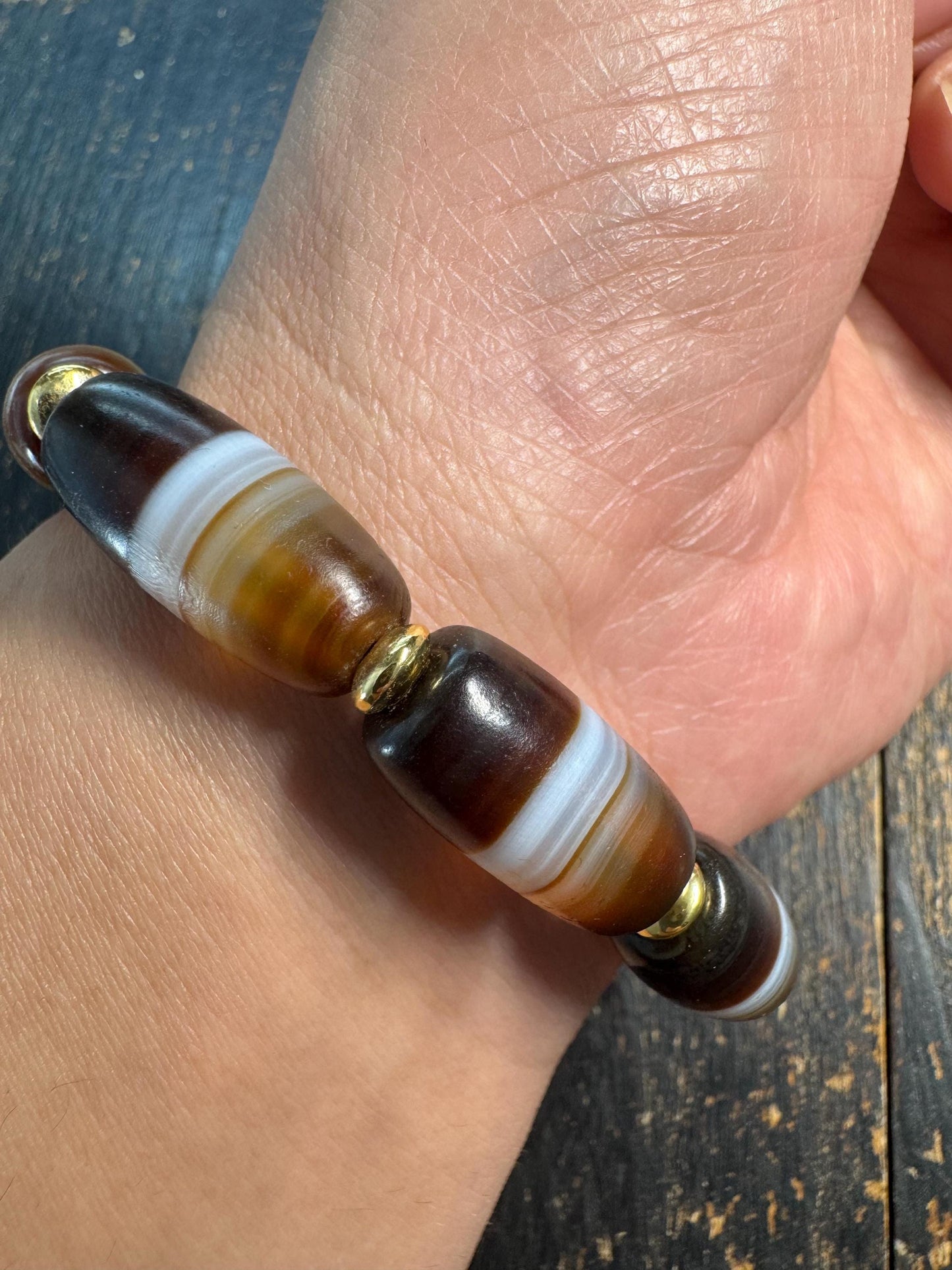Vintage Tibetan Stripe Dzi Bead Bracelet, Banded Agate Barrel Beads, Brown White Himalayan Bracelet, Tribal Protection Jewelry