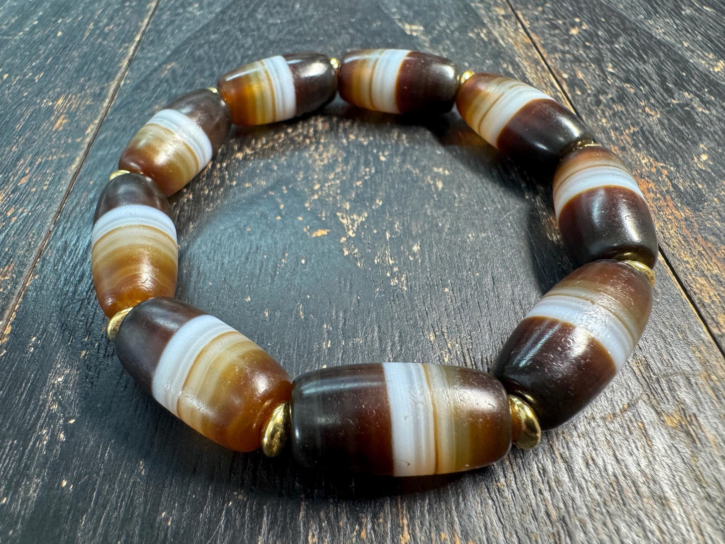 Vintage Tibetan Stripe Dzi Bead Bracelet, Banded Agate Barrel Beads, Brown White Himalayan Bracelet, Tribal Protection Jewelry
