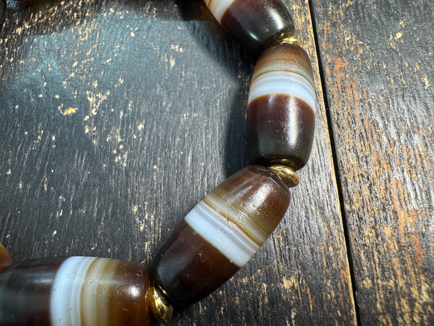 Vintage Tibetan Stripe Dzi Bead Bracelet, Banded Agate Barrel Beads, Brown White Himalayan Bracelet, Tribal Protection Jewelry
