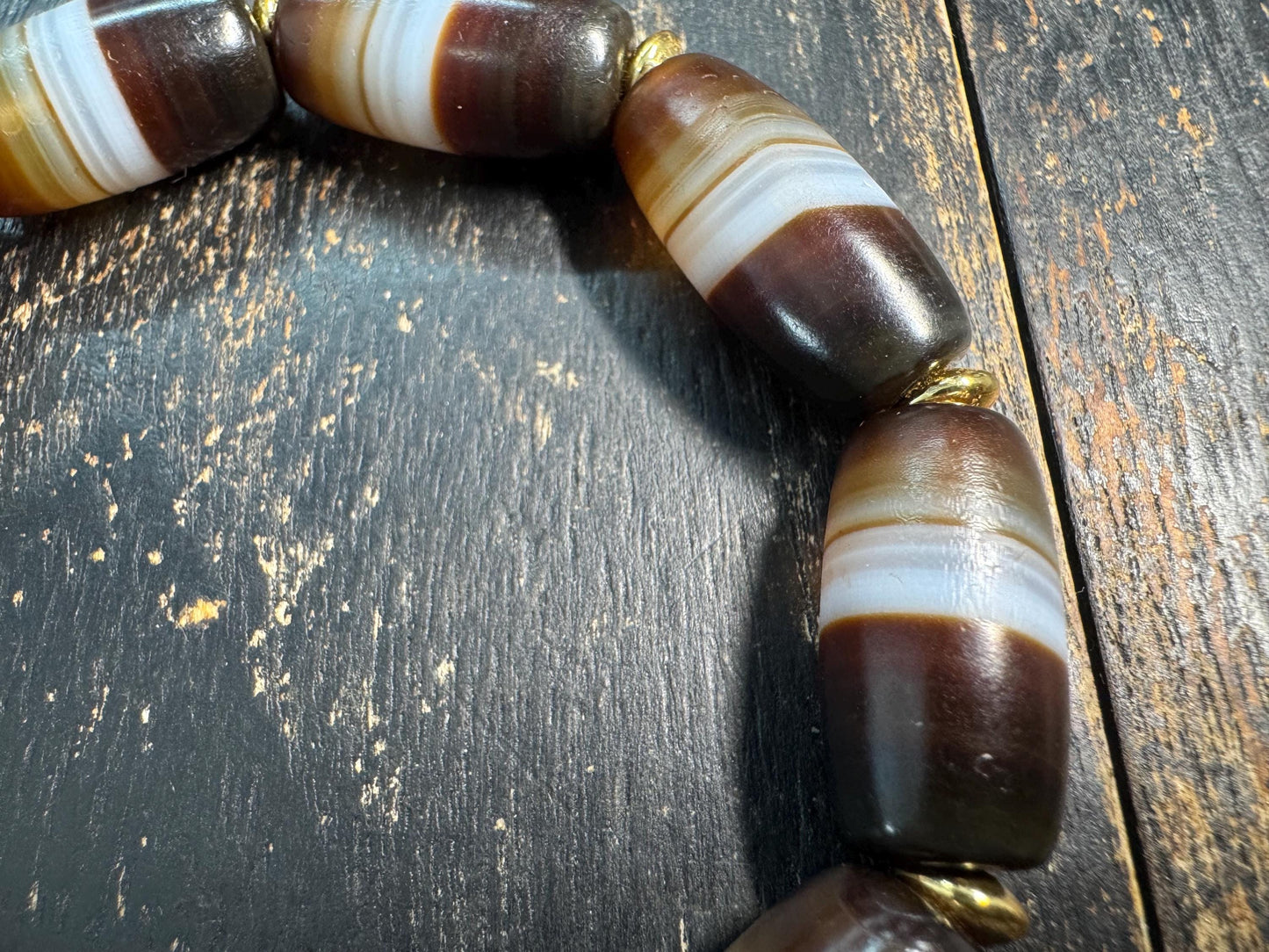 Vintage Tibetan Stripe Dzi Bead Bracelet, Banded Agate Barrel Beads, Brown White Himalayan Bracelet, Tribal Protection Jewelry