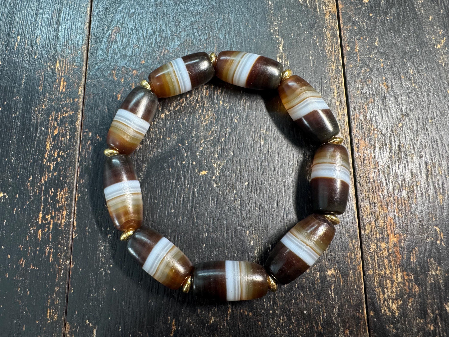 Vintage Tibetan Stripe Dzi Bead Bracelet, Banded Agate Barrel Beads, Brown White Himalayan Bracelet, Tribal Protection Jewelry