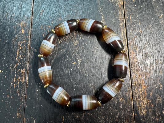 Vintage Tibetan Stripe Dzi Bead Bracelet, Banded Agate Barrel Beads, Brown White Himalayan Bracelet, Tribal Protection Jewelry