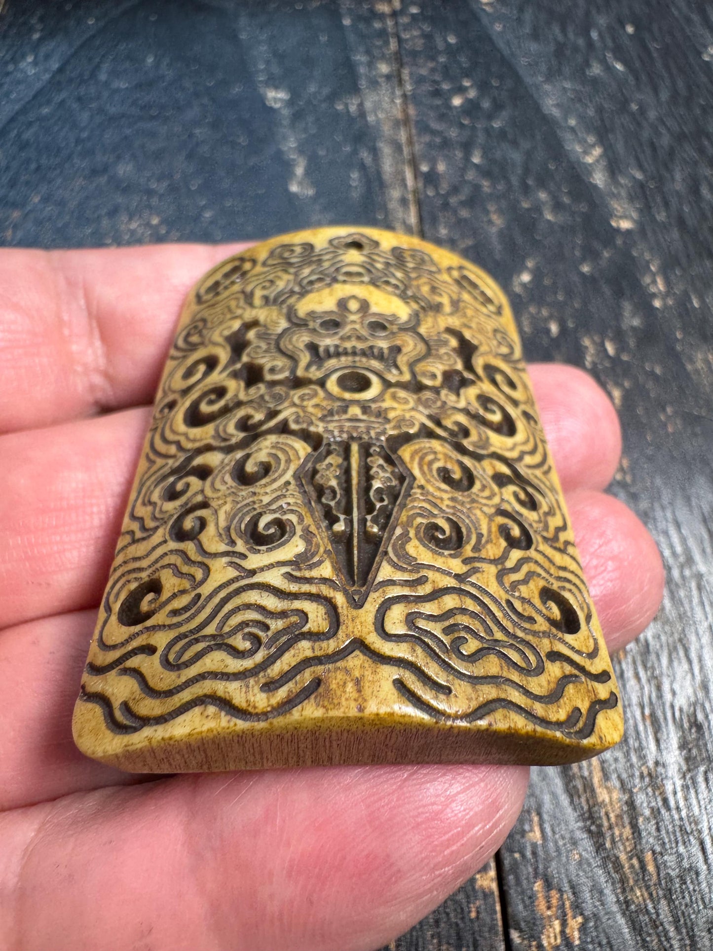 Hand Carved Yak Bone Skull Phurba Pendant, Tibetan Wrathful Protector Amulet, Citipati Style Bone Talisman, Ritual Dagger Motif Pendant
