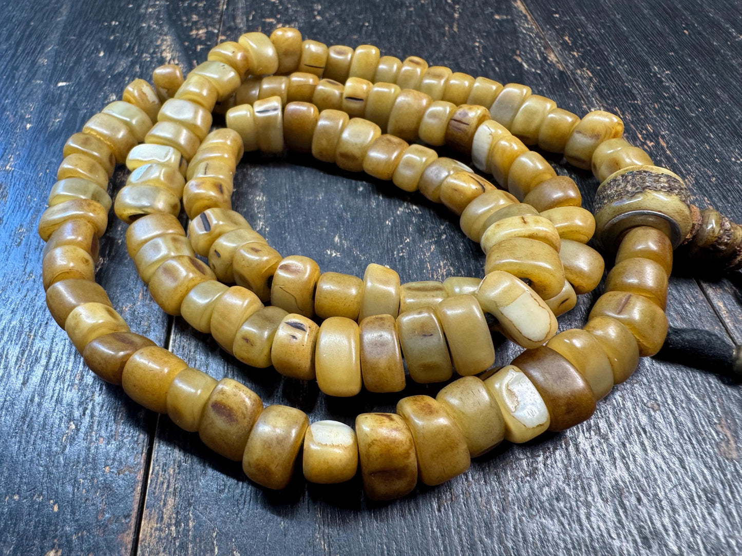 108 Camel Tooth Mala with Yak Bone Skull Guru Bead & Copper Accents | 13mm Tibetan Cemetery Style Bone Prayer Beads