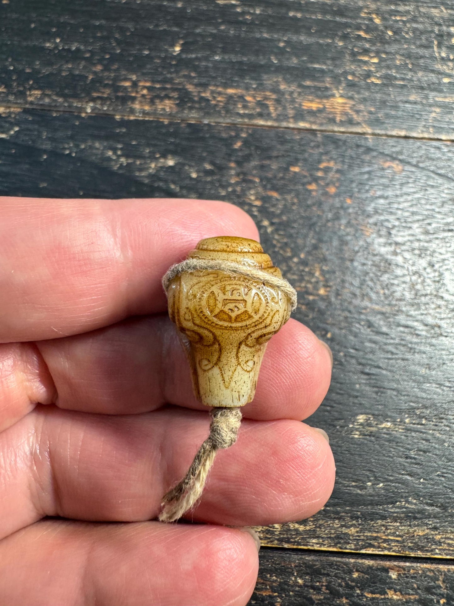 Vintage Yak Bone Treasure Vase Guru Bead • Double Dorje Carving • Tibetan Three Hole Guru Bead • Hand Carved Mala Center Bead