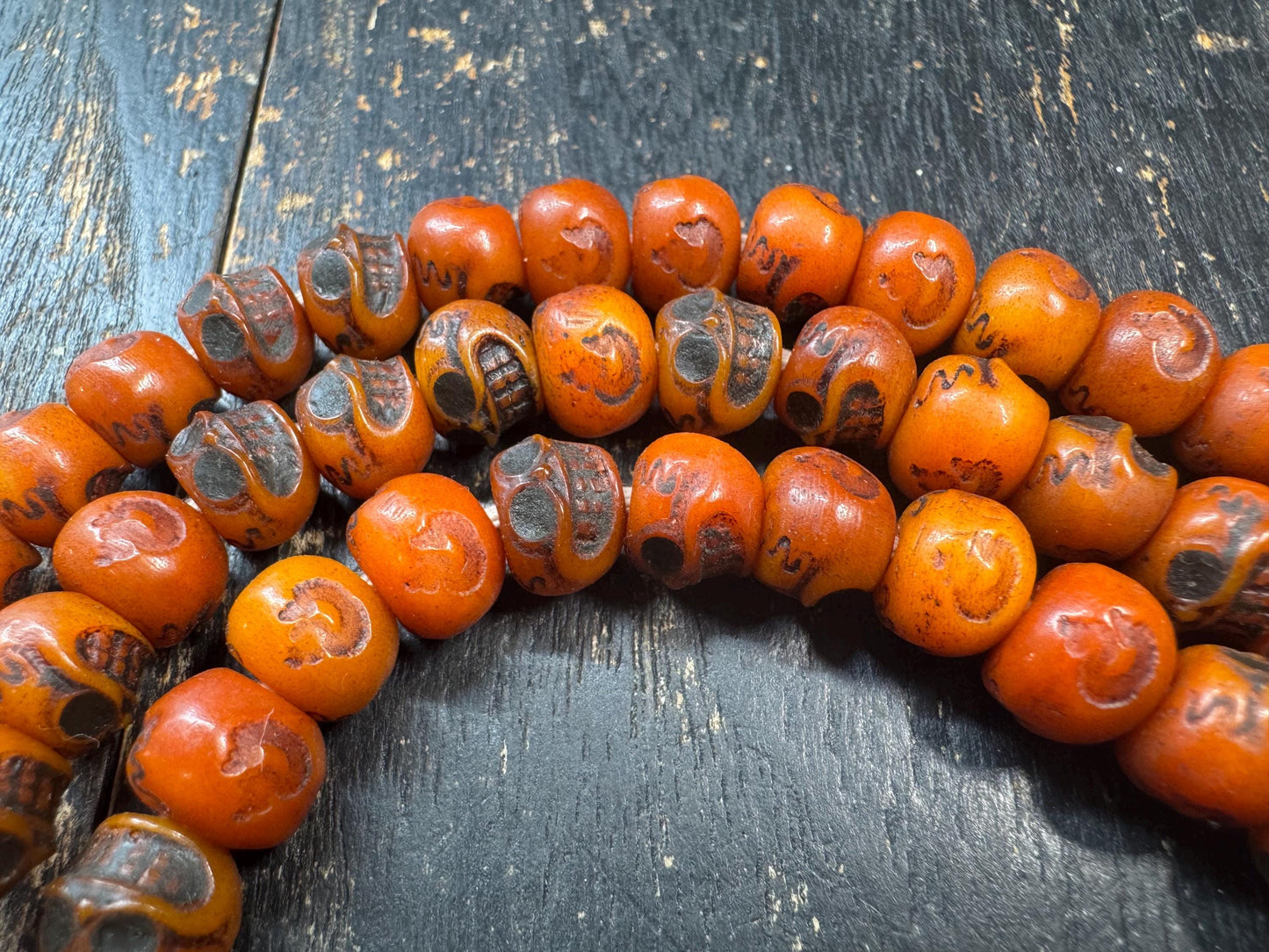 Vintage Tibetan Skull Bead Mala Necklace – 108 Beads – Hand Carved Resin Prayer Mala – 33 Inches – Himalayan Buddhist Meditation Necklace