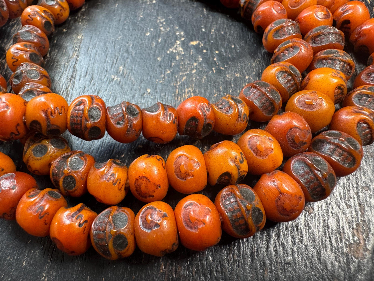 Vintage Tibetan Skull Bead Mala Necklace – 108 Beads – Hand Carved Resin Prayer Mala – 33 Inches – Himalayan Buddhist Meditation Necklace