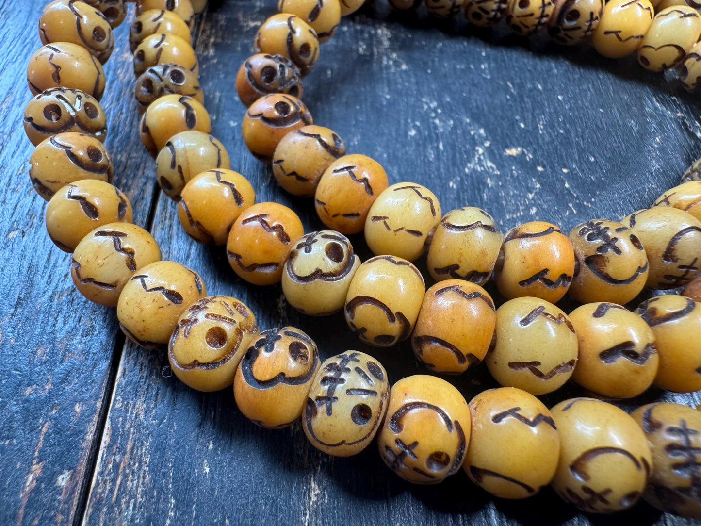 Vintage Skull Bead Mala Necklace – 108 Beads – Hand Carved Bone Style Prayer Mala – 32 Inches – Himalayan Gothic Meditation Necklace