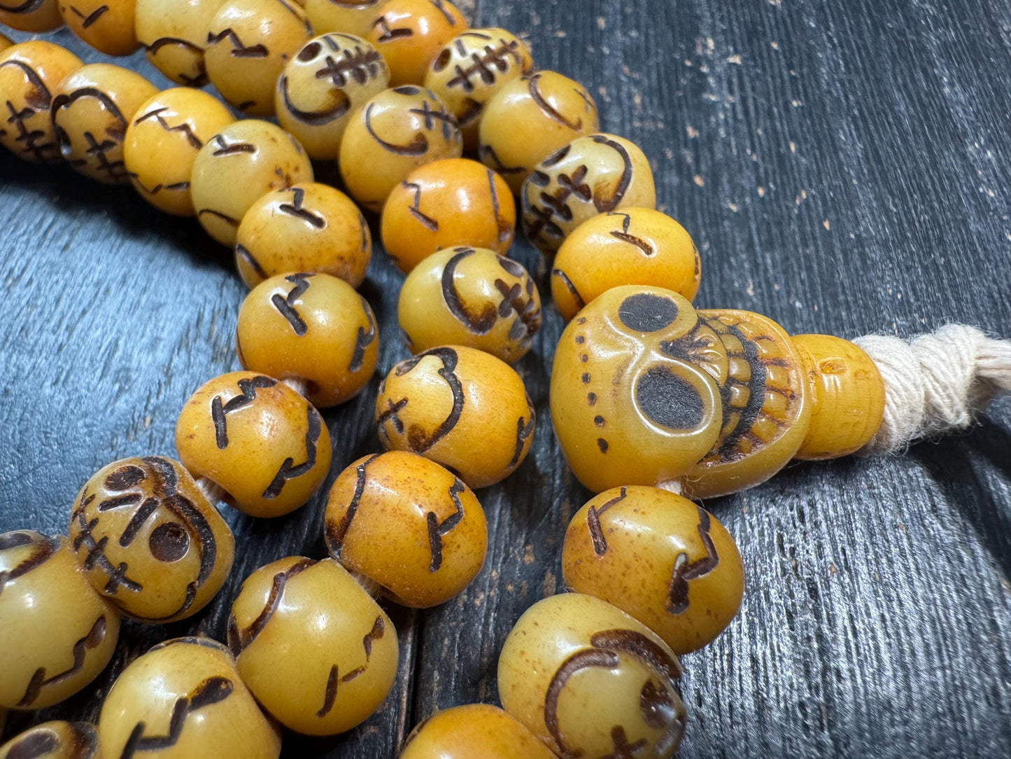 Vintage Skull Bead Mala Necklace – 108 Beads – Hand Carved Bone Style Prayer Mala – 32 Inches – Himalayan Gothic Meditation Necklace