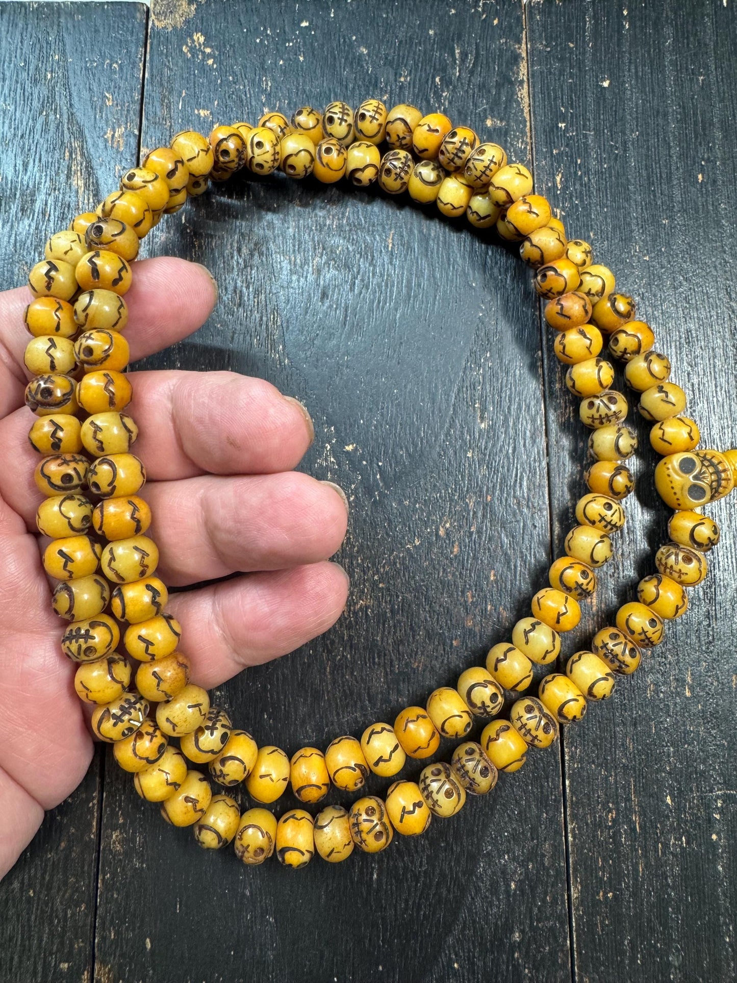 Vintage Skull Bead Mala Necklace – 108 Beads – Hand Carved Bone Style Prayer Mala – 32 Inches – Himalayan Gothic Meditation Necklace