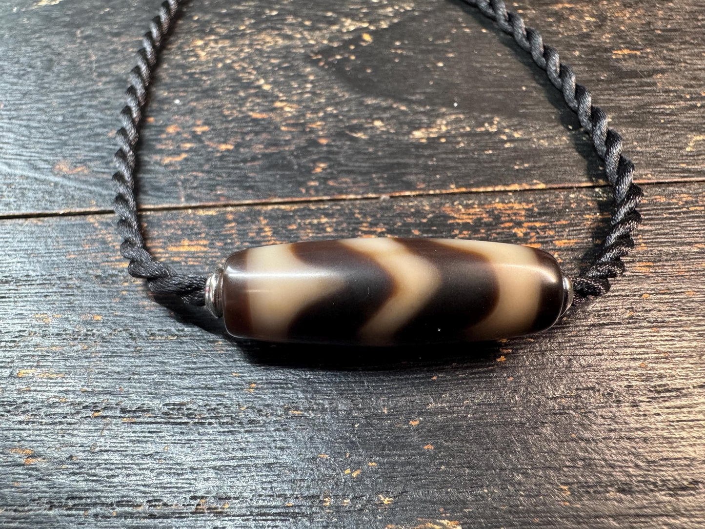 Water Pattern Dzi Agate Pendant Necklace • Adjustable Cord Necklace • Himalayan Style Etched Agate Bead • Flowing Water Motif Amulet • Unise
