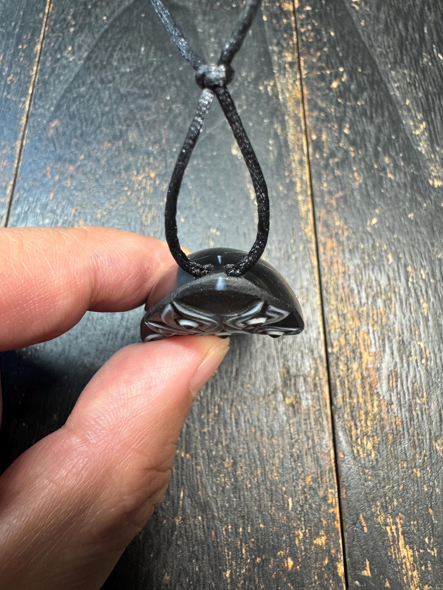 Rare Hand-Carved 9 Eye Dzi Agate Pendant | Tibetan Style Silkworm Pattern Bead Amulet | Black & Grey Ethnic Necklace Pendant