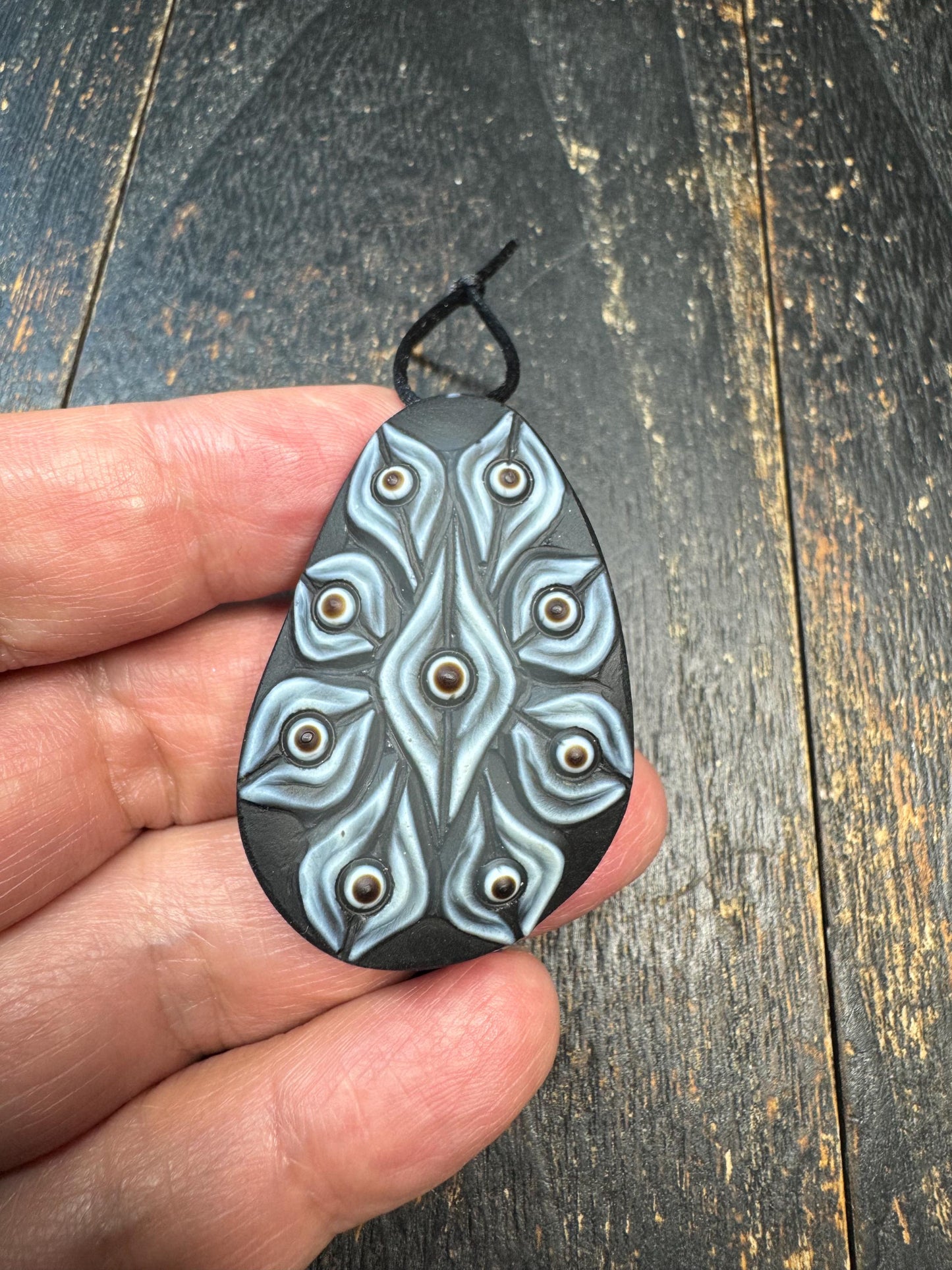 Rare Hand-Carved 9 Eye Dzi Agate Pendant | Tibetan Style Silkworm Pattern Bead Amulet | Black & Grey Ethnic Necklace Pendant
