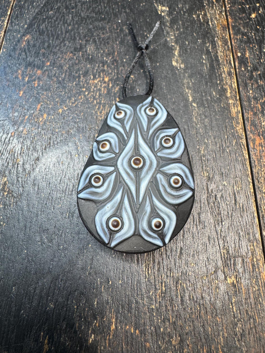 Rare Hand-Carved 9 Eye Dzi Agate Pendant | Tibetan Style Silkworm Pattern Bead Amulet | Black & Grey Ethnic Necklace Pendant