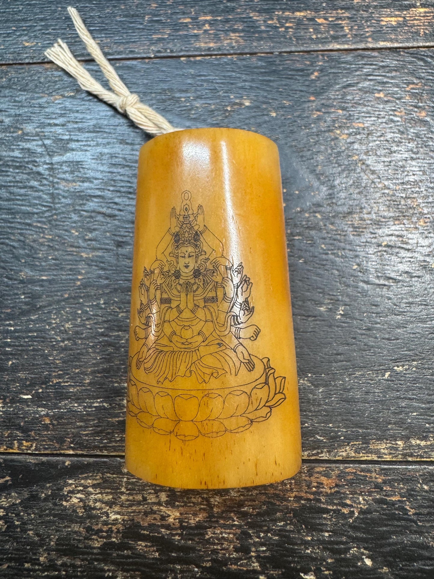Hand-Carved Hollow Yak Bone Pendant | Thousand Arm Goddess Engraving | Himalayan Amulet Necklace | Tribal Buddhist Style Charm