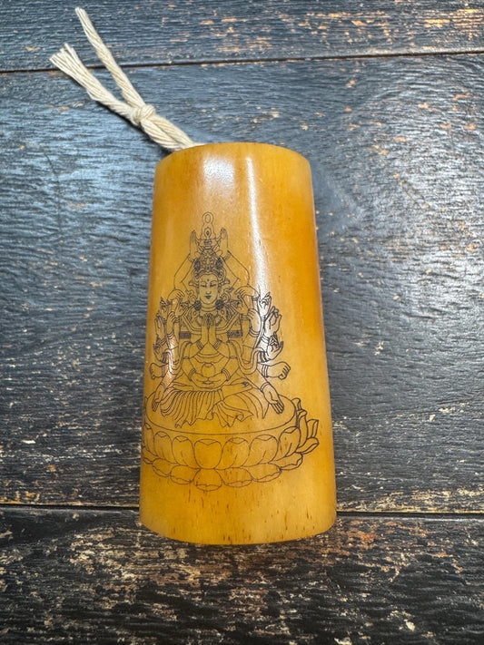 Hand-Carved Hollow Yak Bone Pendant | Thousand Arm Goddess Engraving | Himalayan Amulet Necklace | Tribal Buddhist Style Charm