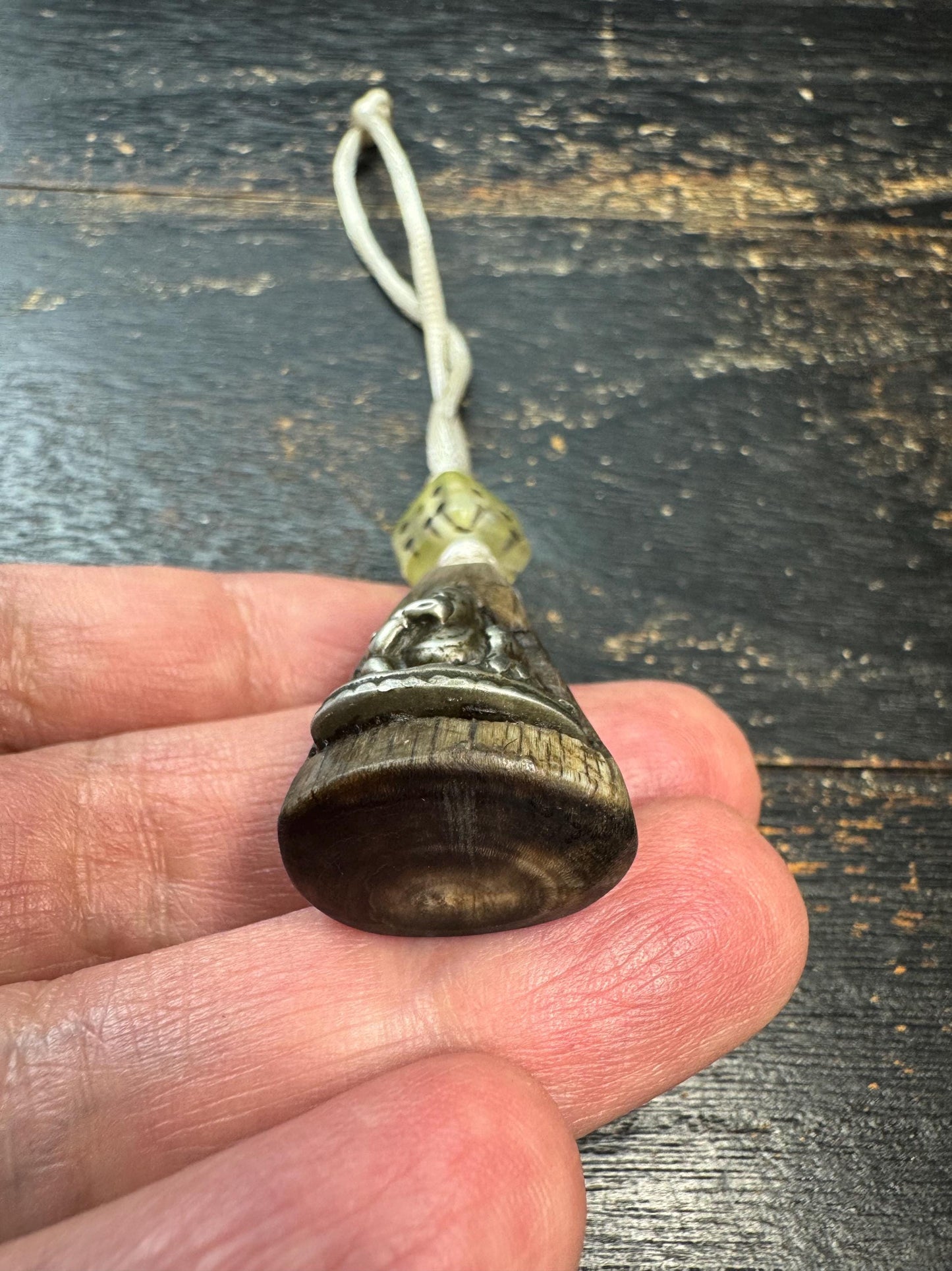 Vintage Himalayan Horn Pendant with Brass Black Jambhala, Tibetan Wealth Deity Amulet, Nepal Folk Art Talisman, Handcrafted Horn Charm