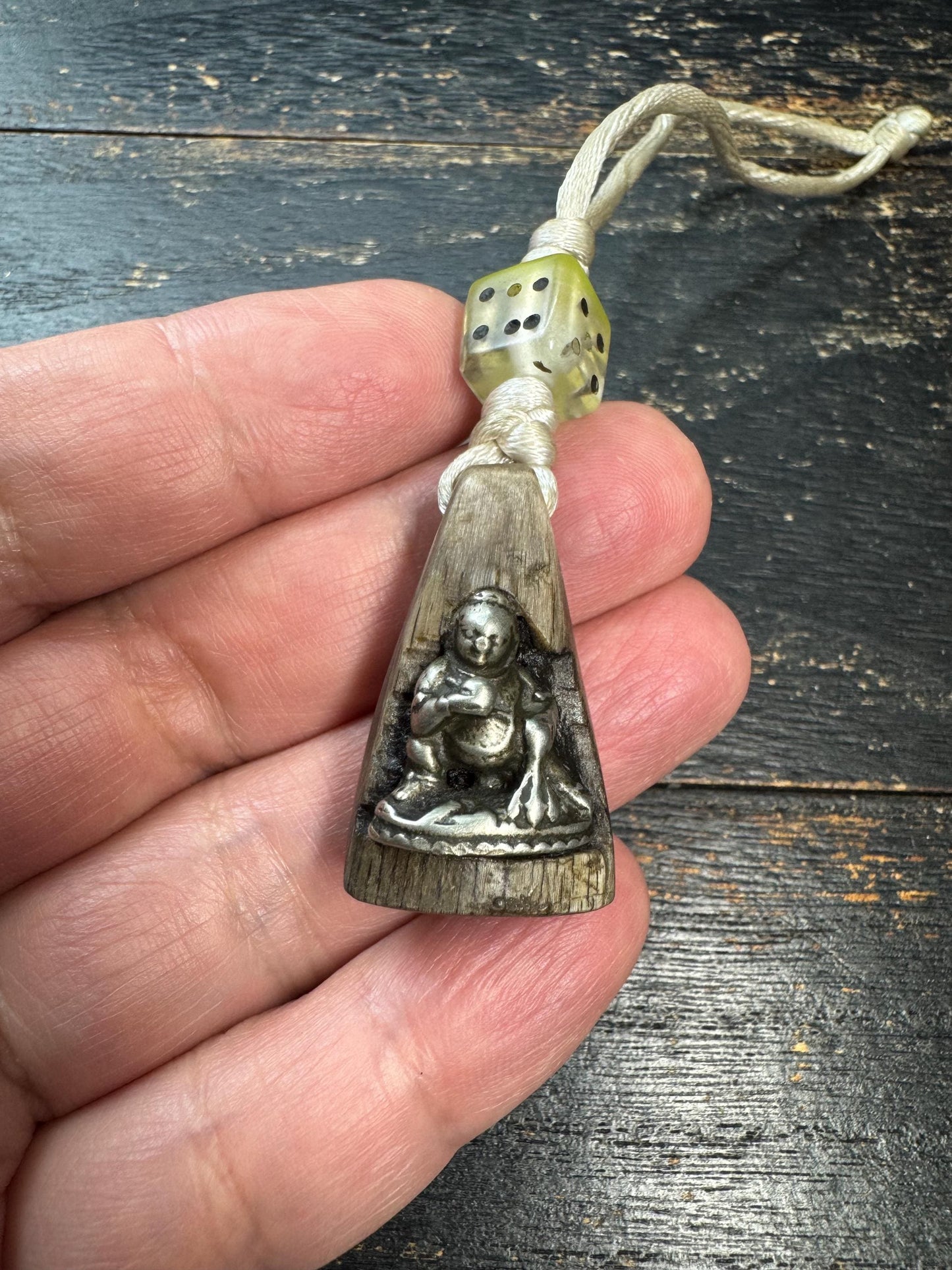 Vintage Himalayan Horn Pendant with Brass Black Jambhala, Tibetan Wealth Deity Amulet, Nepal Folk Art Talisman, Handcrafted Horn Charm