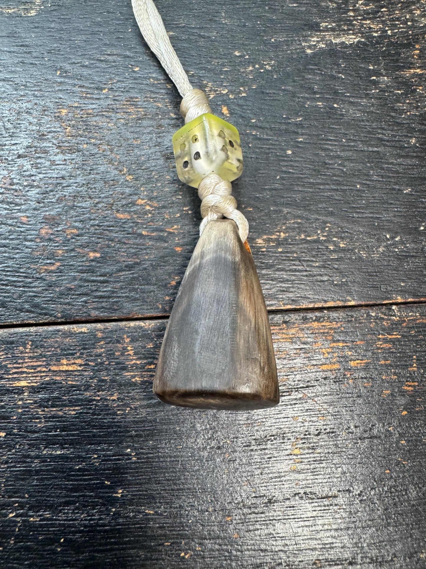 Vintage Himalayan Horn Pendant with Brass Black Jambhala, Tibetan Wealth Deity Amulet, Nepal Folk Art Talisman, Handcrafted Horn Charm